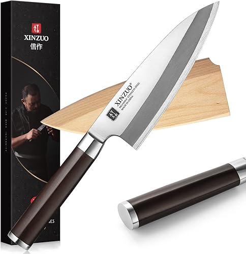 XINZUO Cuchillo Deba de 7 pulgadas X8Cr14MoV de acero forjado - Hoja biselada individual - Cuchillo de filete de pescado japonés - Cuchillo de