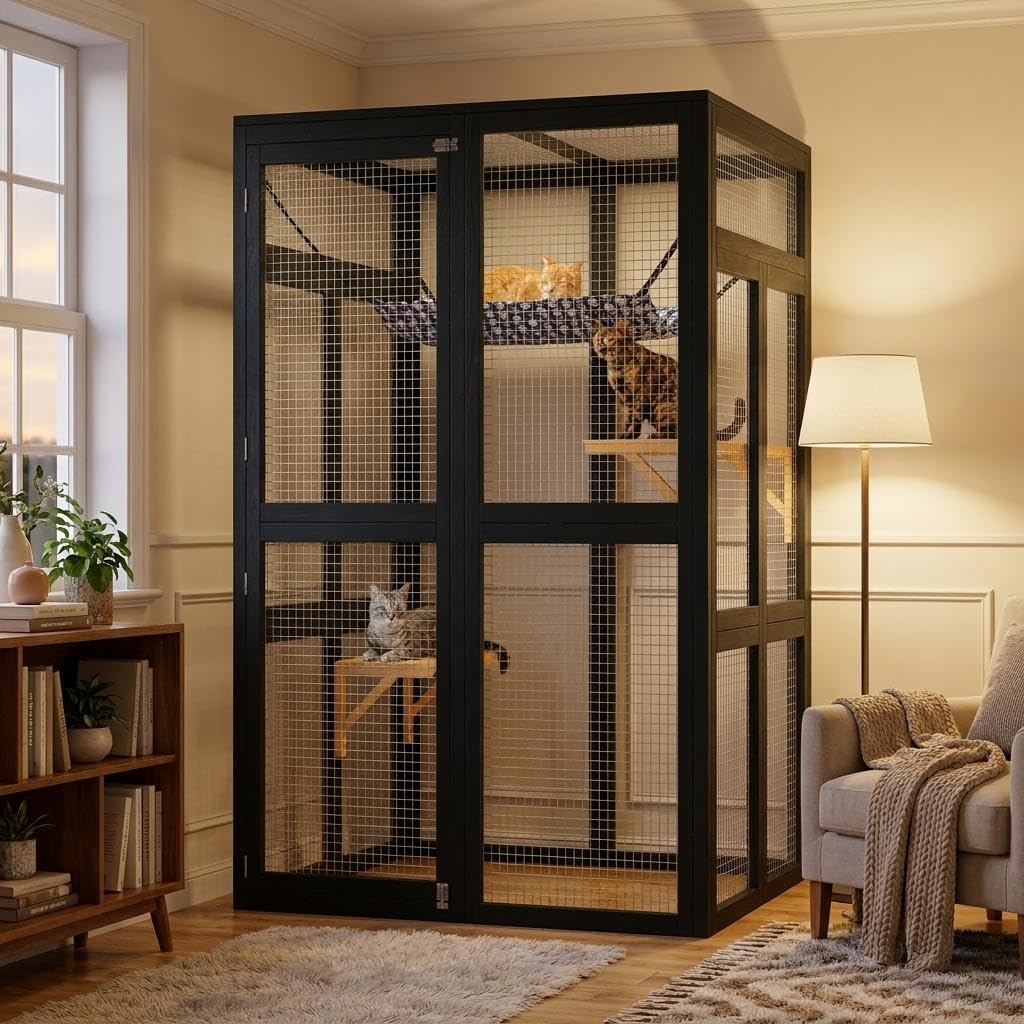GarveeHome 64 Inch Large Wooden Catio Outdoor Cat Enclosure Window Cat House with Wheels 3 Platforms Weatherproof Roof Kitty Cage for Multiple Cats