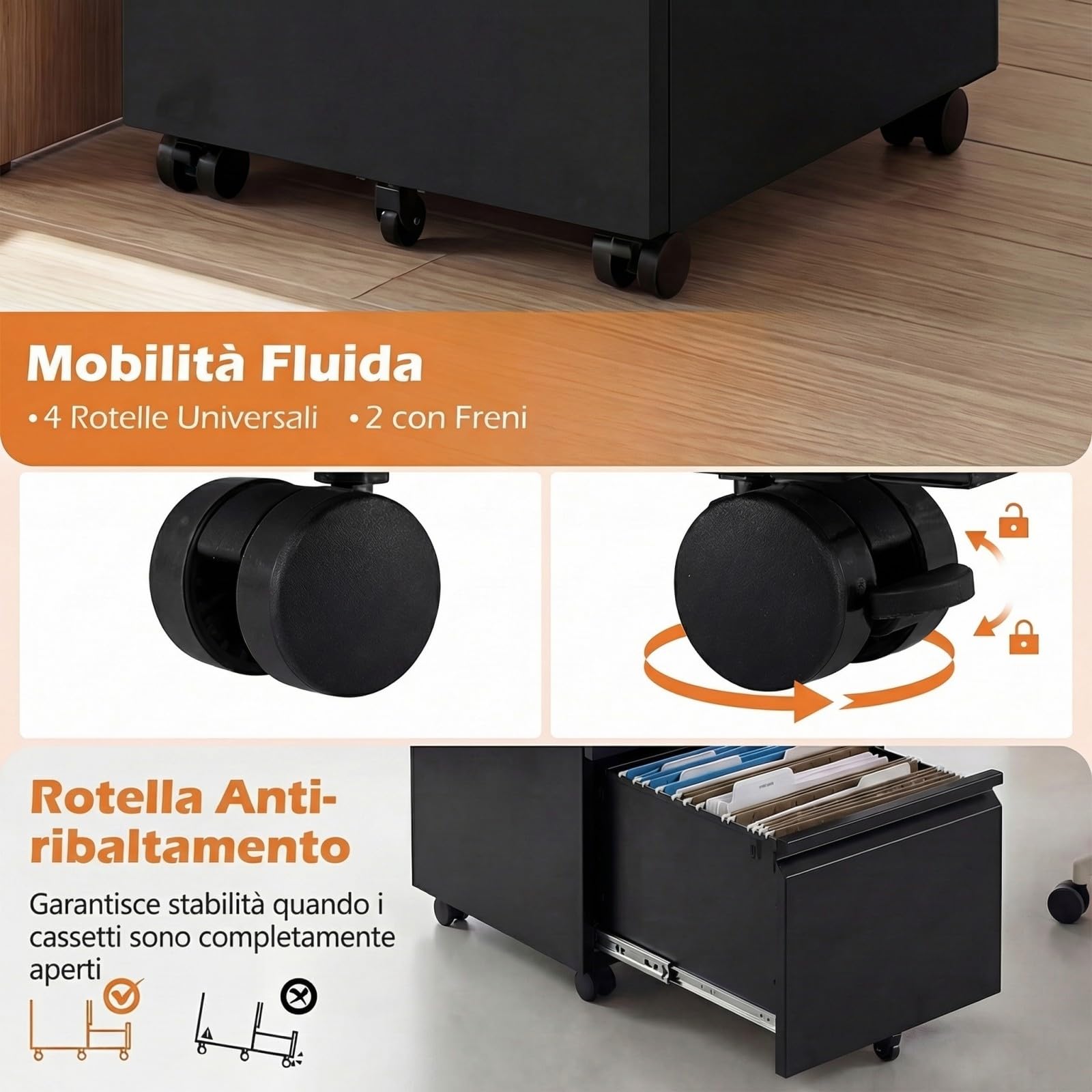 COSTWAY Cassettiera da Ufficio a 2 Cassetti, Mobiletto per Documenti con 5 Ruote e Serratura, Schedario da Ufficio in Acciaio per File Formato A4, Letter e Legal, 37 x 44 x 67 cm