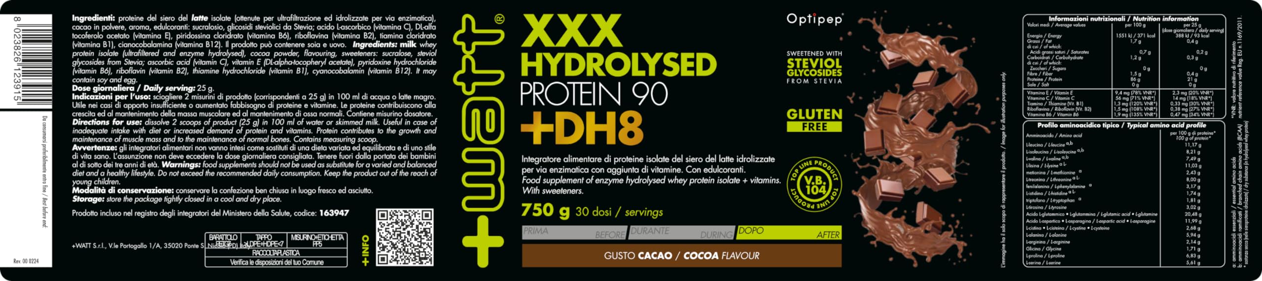 XXX HYDROLYSED PROTEIN 90 +DH8 - Integratore alimentare di proteine del siero del latte idrolizzate e vitamine