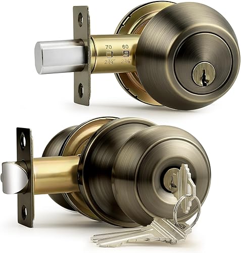 Miniatura 32 de Probrico Juego de pomo redondo para puerta de entrada y cerrojo de cilindro único, bronce aceitado, paquete de 1