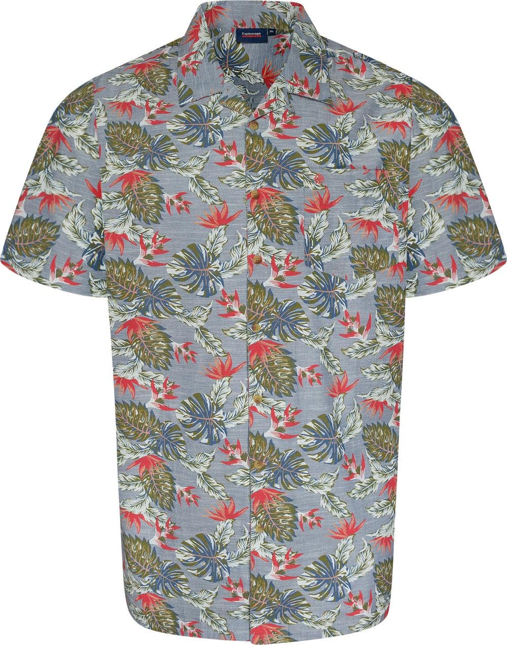 Espionage Men's Grey Big Size Short Sleeve Leaf Print Shirt In Multi 5XL