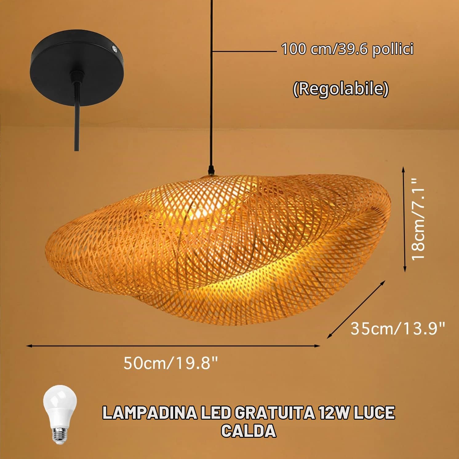 Lampadario a sospensione in bambù intrecciato a mano creativo Cappello di paglia Lampadario in bambù naturale Lampada da soffitto a soffitto, Lampadario in stile rurale per sala da pranzo, soggiorno
