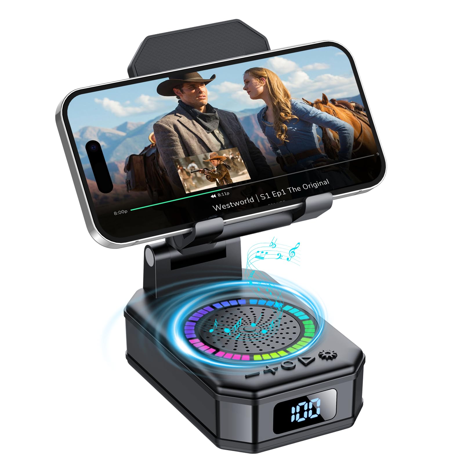 Gifts for Men Women, Cell Phone Stand with Bluetooth Speaker, 4-in-1 Design Portable Speaker with 7 RGB Lights, Foldable Phone Charger Stand with Anti-Slip Base,Cool Tech Gadgets Birthday Gift for Dad