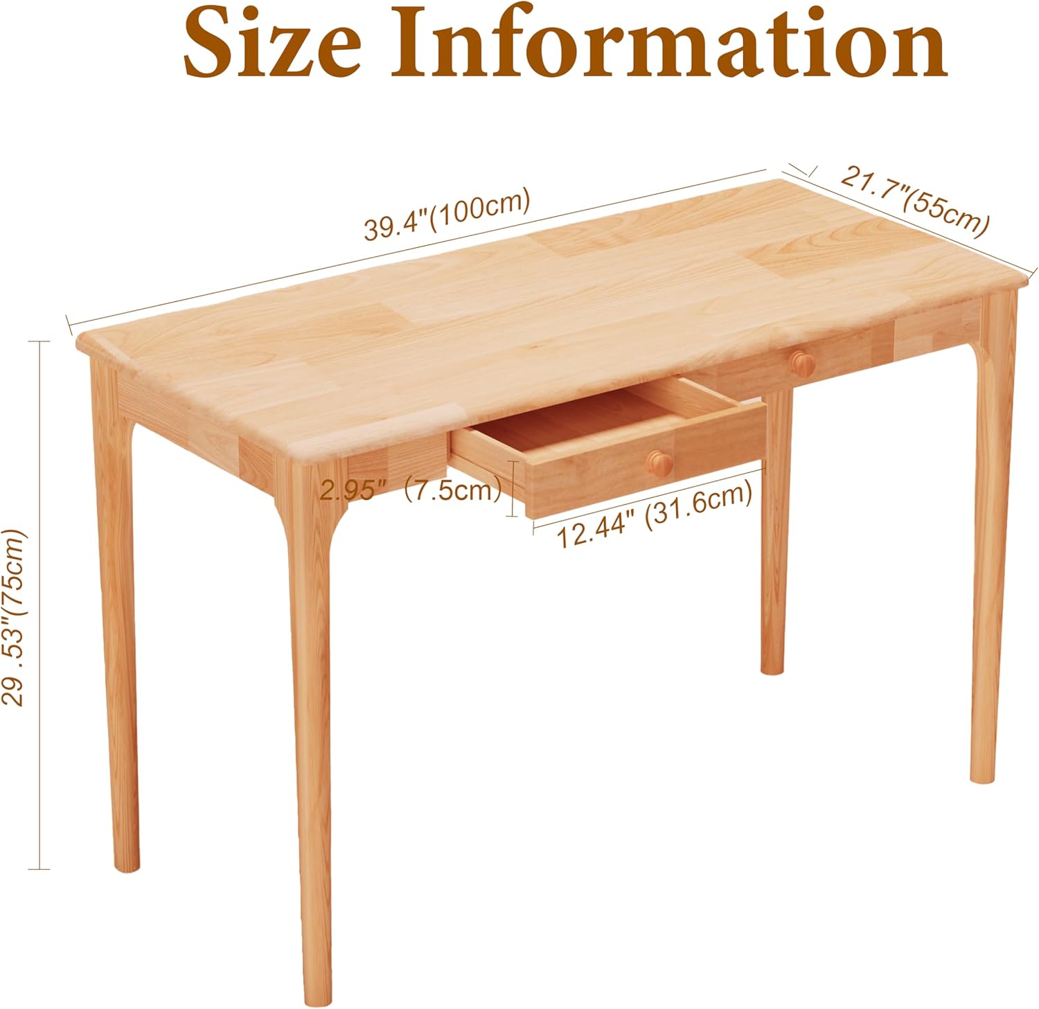 Natural Solid Wood Desk with Drawers, Mid Century Modern Real Wood Writing Desk, Home Computer Office Desks for Work, Standing Desk for Bedroom, Small Spaces (Wood Color, 48"×22"(120×56cm))