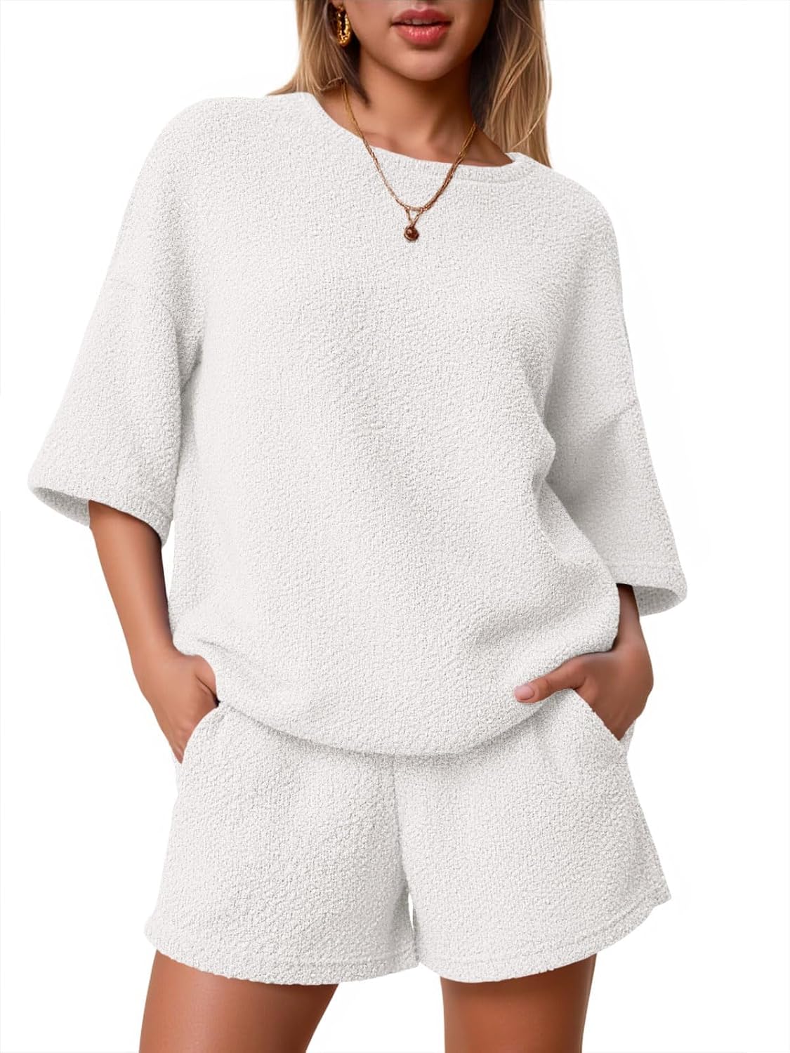 Tankaneo Womens 2 Piece Outfits Lounge Sets 3/4 Sleeve Oversized Tops and Elastic Waist Shorts Pajama Sets Loungewear