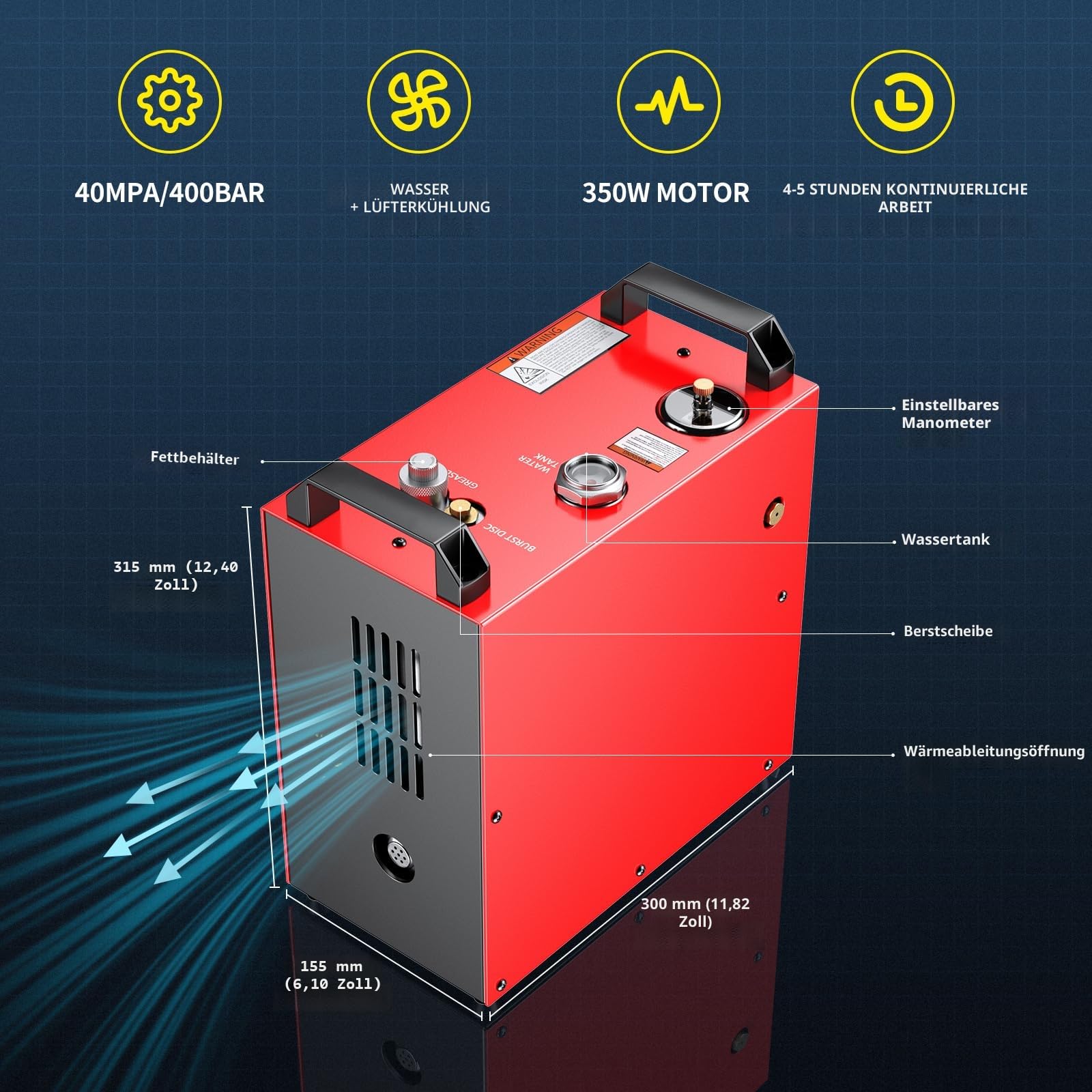 GX PUMP GX-E-CS4-I Tragbarer PCP kompressor, 350 W leistungsstarker Motor, max. 5800 Psi/400bar, eingebauter Heimkonverter, Wasser- und Lüfterkühlung, 5 Stunden kontinuierliche Arbeit, 12 V