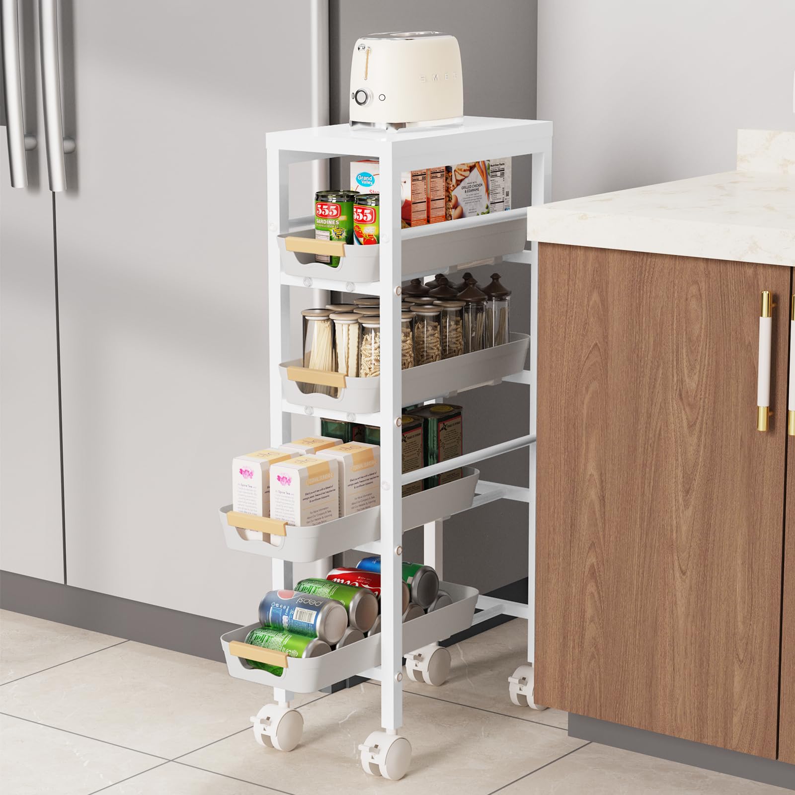 DROMEZ ROMEZ Carrello Cucina a 5 Ripiani, Carrellino Salvaspazio con 4 Cassetti, Bianco - Scaffale Stretto con Ruote, per Bagno Ufficio, L38 x B20 x H81 cm