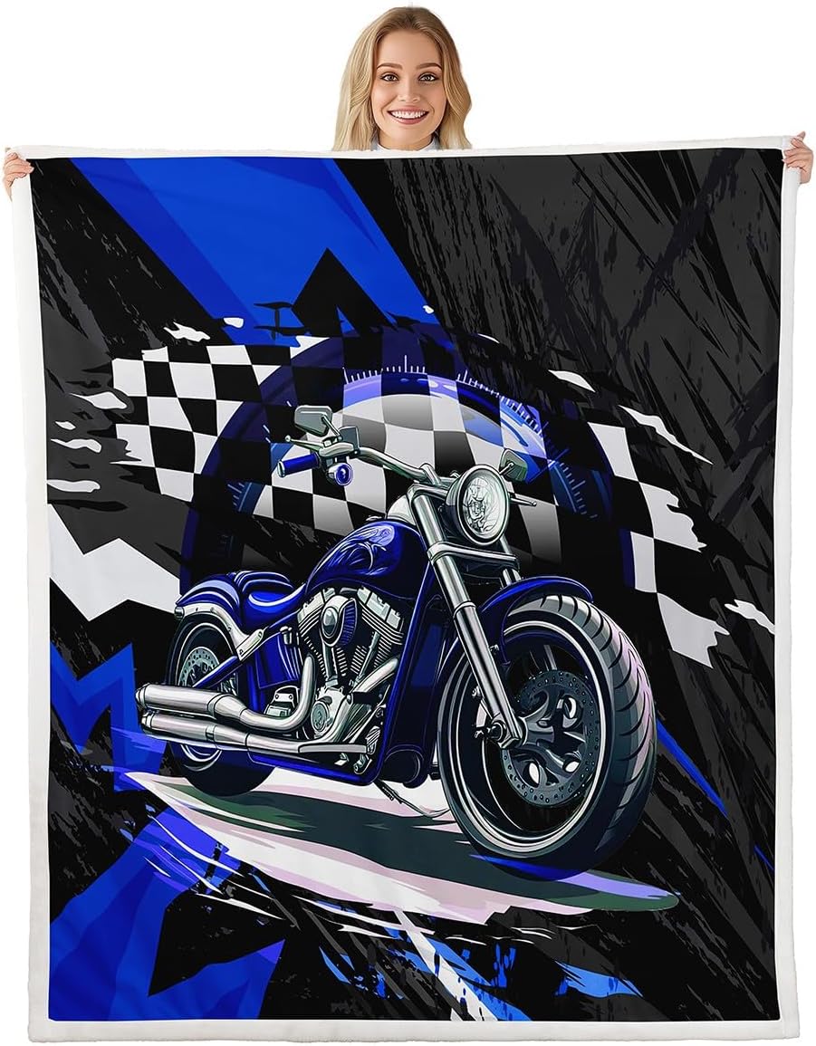 Feelyou Kids Blue Dirt Bike Sherpa Blanket Racing Motocross Plush Blanket for Bed Sofa Couch Motorcycle Fleece Throw Blanket Boys Girls Motorbike Teens Fuzzy Blanket Bedroom Decor Baby 30"x40"