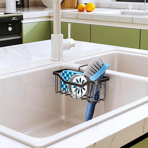 Miniatura 7 de HapiRm Soporte de esponja para fregadero de cocina, organizador de fregadero de dos maneras de instalación con soporte para cepillo, organizador de