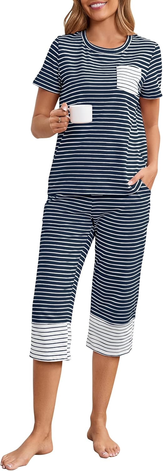 Womens Cotton Pajama Set Stripe 2 Piece Lounge Set Short Sleeve Capri Pj Set Comfy Loungewear Sleepwear with Pockets