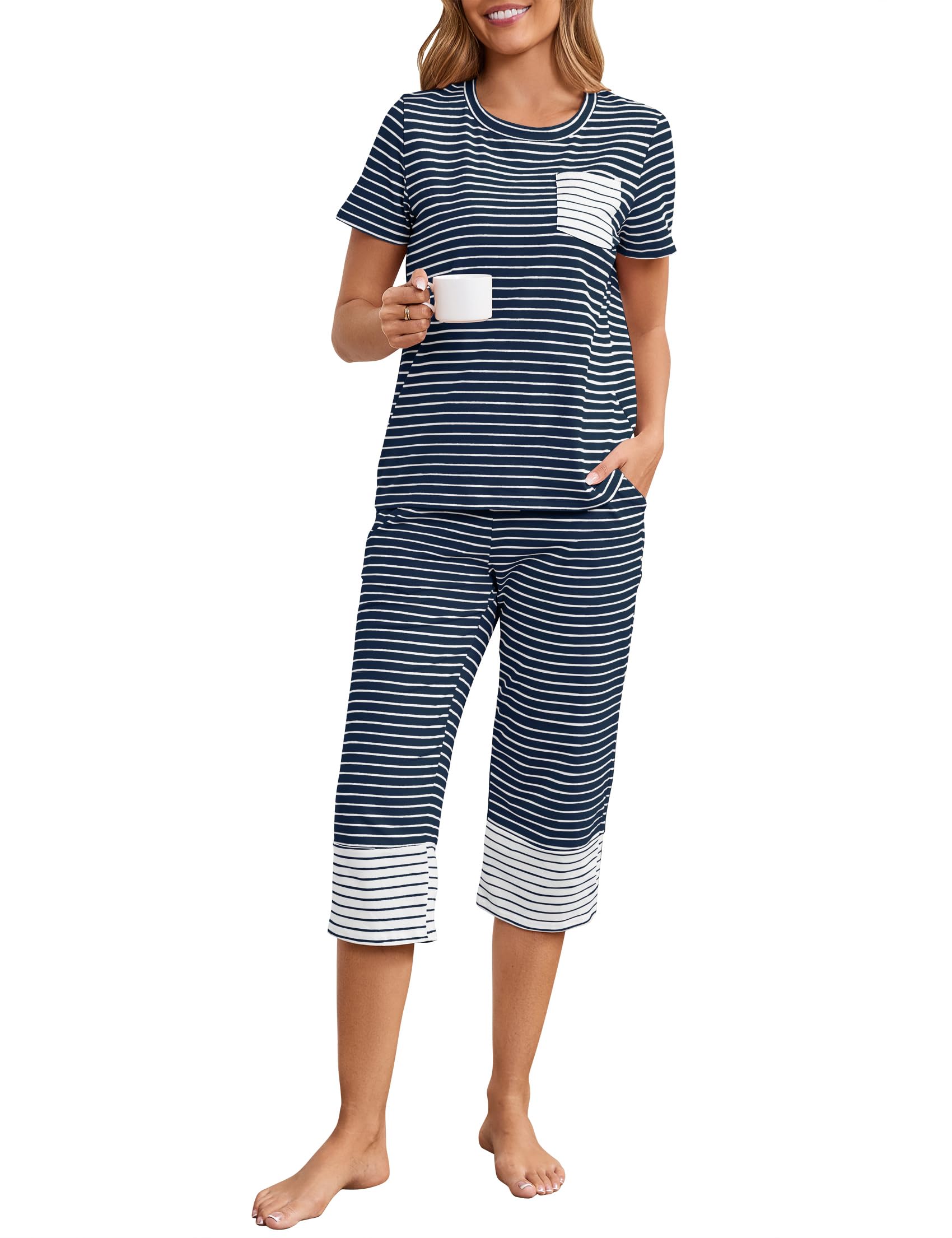 Namatime Womens Cotton Pajama Set Stripe 2 Piece Lounge Set Short Sleeve Capri Pj Set Comfy Loungewear Sleepwear with Pockets