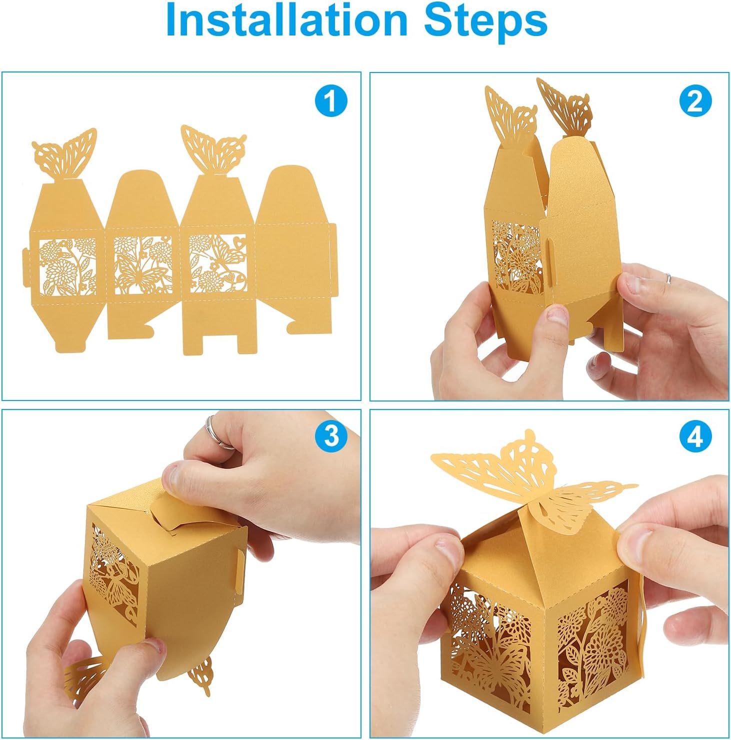 PATIKIL 2"x2"x3.1" Favor Boxes, 25 Pack Paper Laser Cut Candy Boxes Hollow Butterfly Gift Box for Wedding Bridal Shower Birthday Party Anniversary, Gold Tone