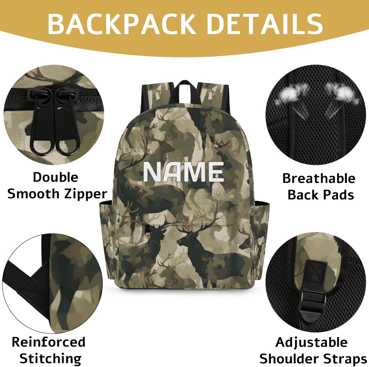 Camouflage Military Customized Kids Backpack for Boys Girls Deer Animal Personalized Preschool Toddler Backpack Kindergarten Nursery Bookbag Travel Children School Bag