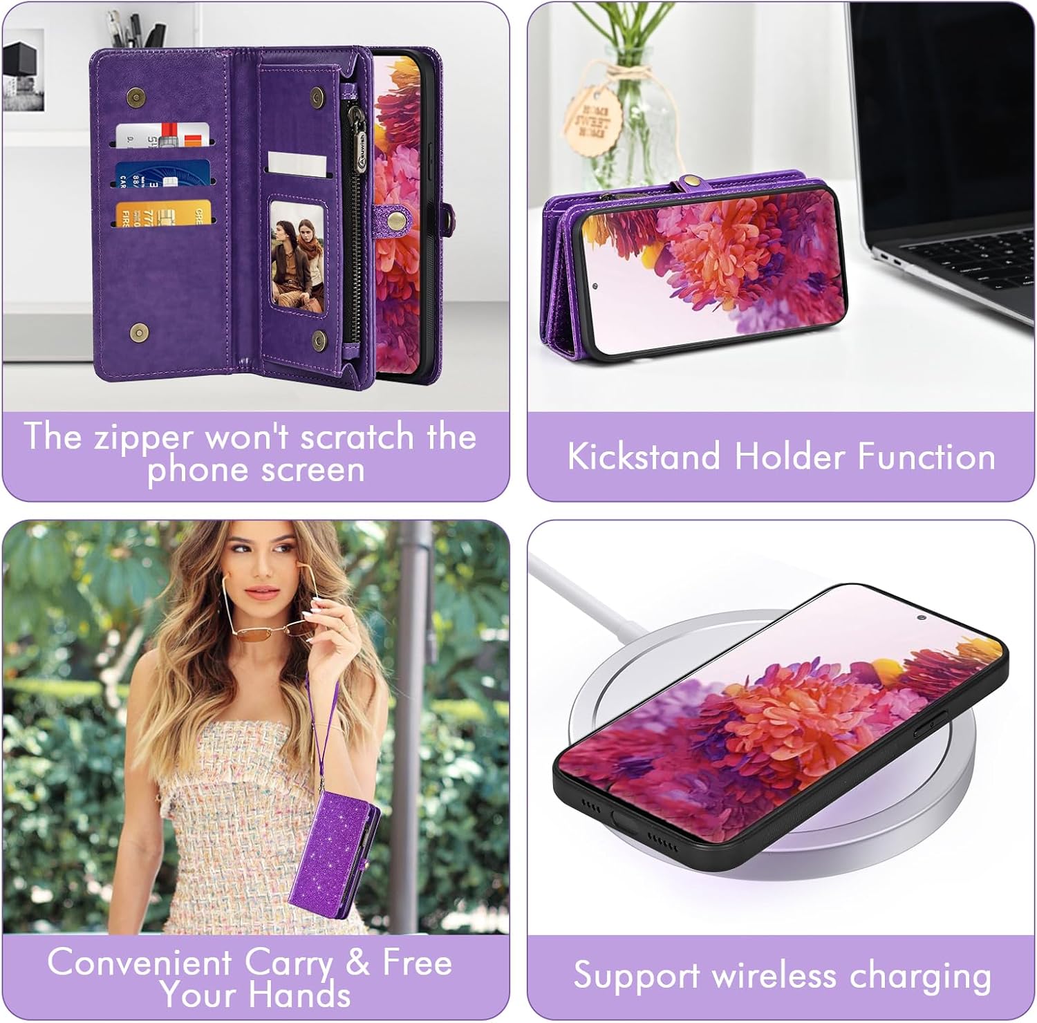 Asuwish Phone Case for Samsung Galaxy S20 FE 5G 6.5 inch Zipper Wallet Cell Cover with Screen Protector Lanyard Flip Card Holder S 20 EF UW 2022 S20FE5G S20FE 20S S2O Fan Edition 4G G5 Women Purple