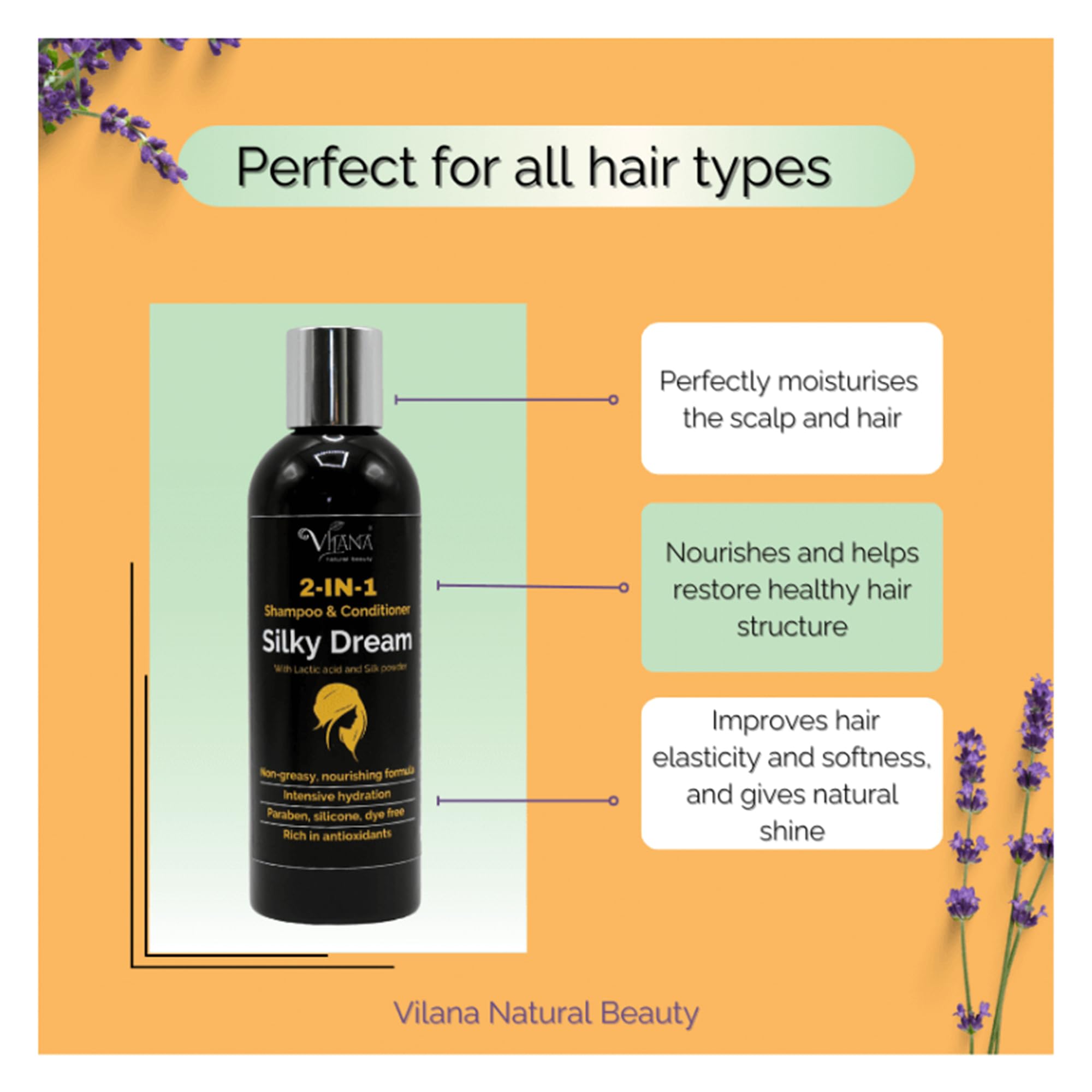 Vilana Natural Beauty Silky Dream Natural Hair Shampoo&Conditioner 2 in1 for all Hair Types Nourishes&Helps Restore Healthy Hair Structure Sulphate Free Shampoo for Damaged Dry&Tangled Hair 480ml - Image 3