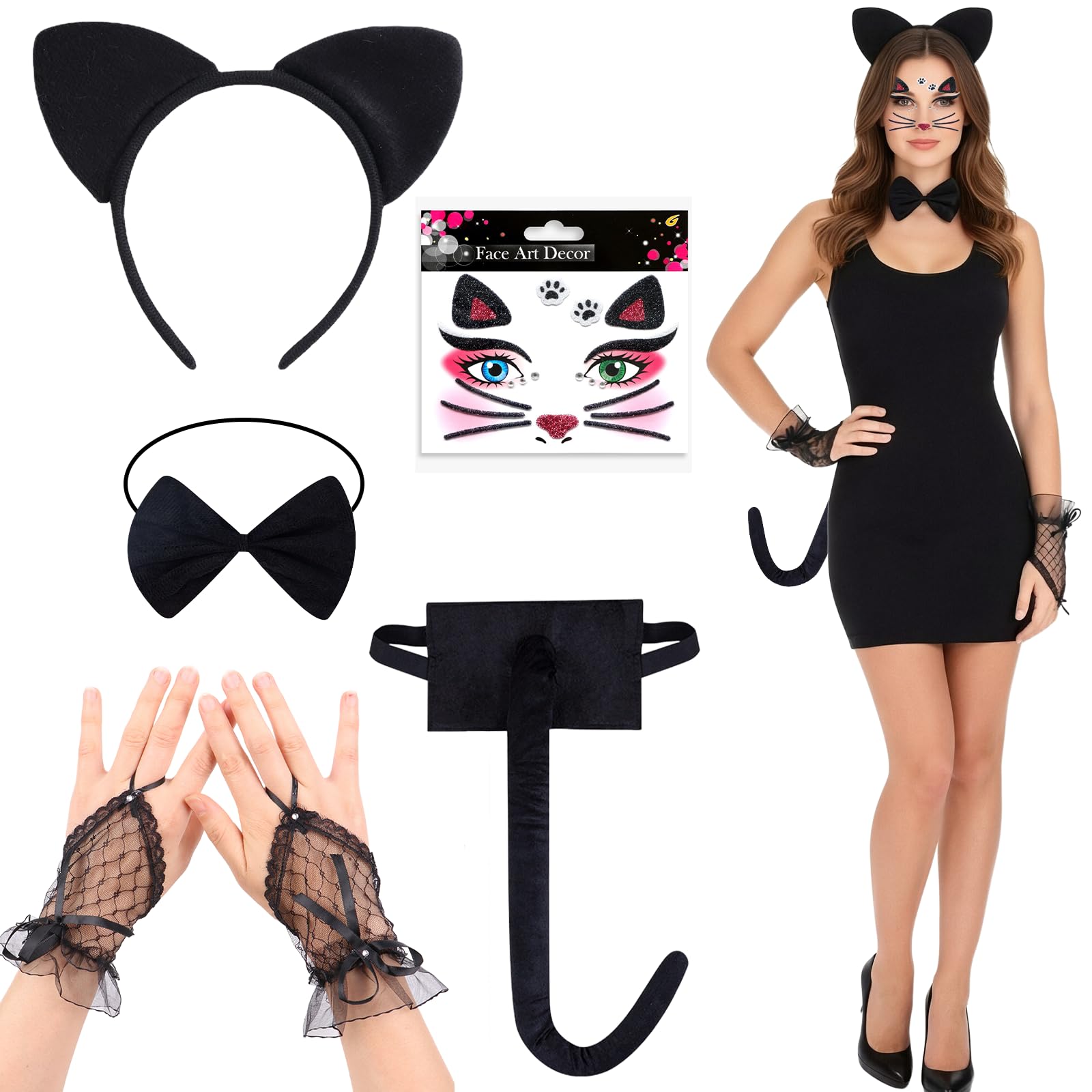 YAEGIMHT 5 Pcs Cat Costume Set for Adults World Book Day Cat Costume Set with Headband, Bow Tie, Cat Tail, Lace Gloves Face Stickers for World Book Day Mardi Gras Halloween Cosplay