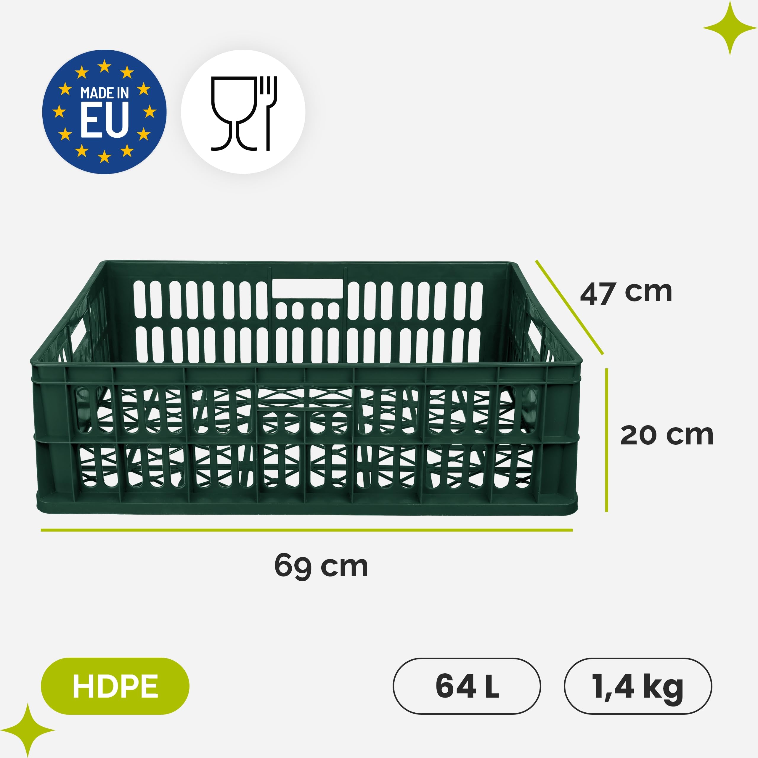 Garronda Cajas Almacenaje Plástico Grande 69x47x20 cm - Organizadoras HDPE Perforada 64L, Apilables y con Asas, Resistente para Almacén, Garaje y Transporte Profesional GD-0190 (Pack de 4, Verde)