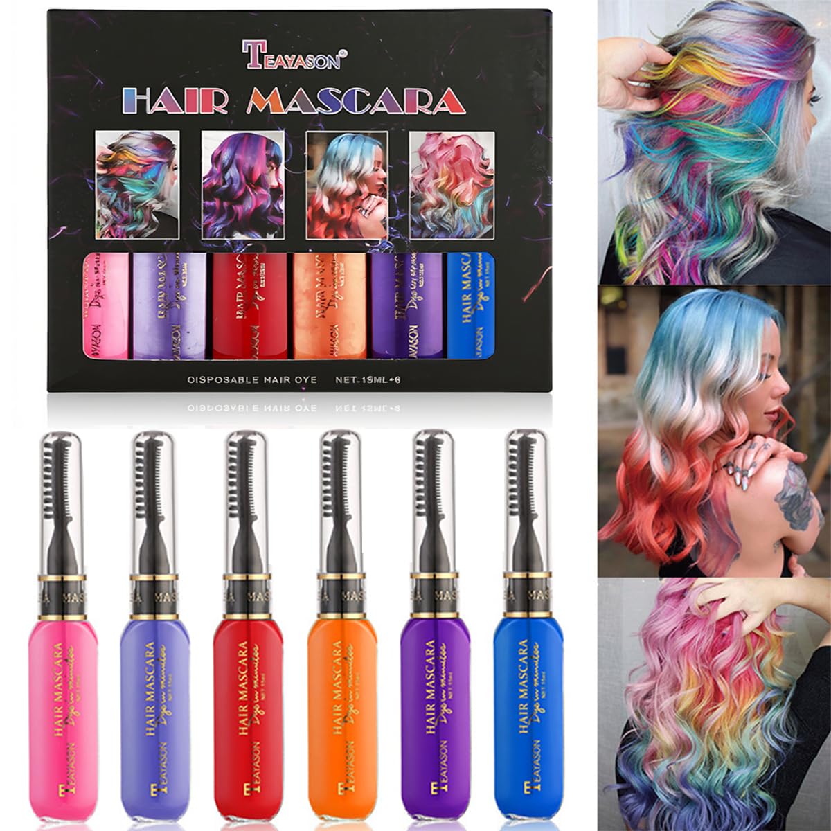 Baorder 6 Colors Instantly Hair Color Dye Temporary Hair Mascara,Washable Hair Mascara Color Chalk Rainbow for Girls Women and Men,Birthday Halloween Cosplay DIY Makeup