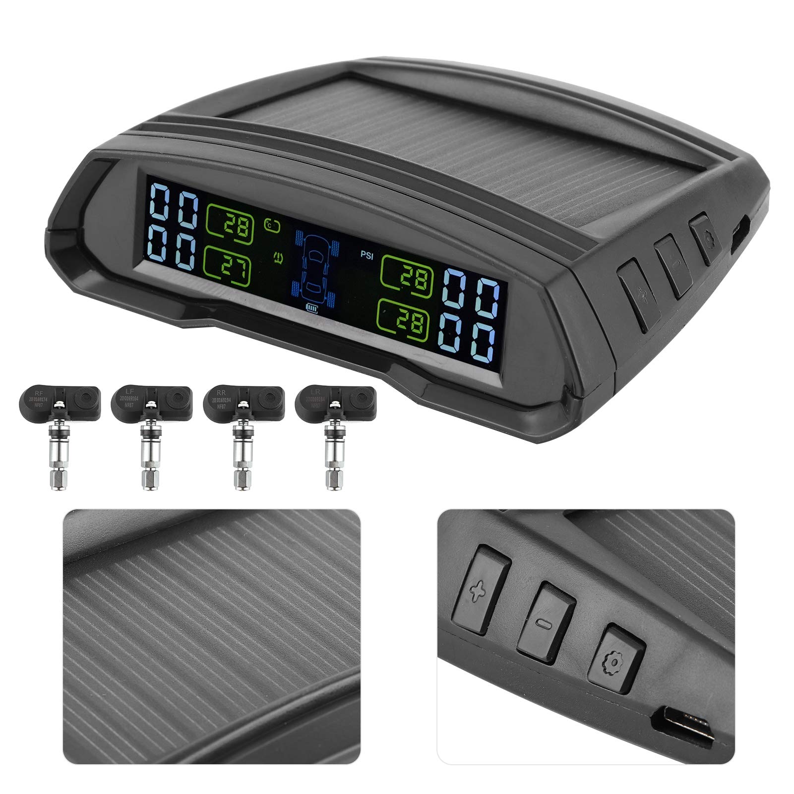 Sensor presion neumaticos+ inalámbrico de monitoreo de presión de Llantas TPMS Energía Solar o USB TPMS con 4 sensores para la presión y Temperatura del Remolque de Viaje de Autocaravana