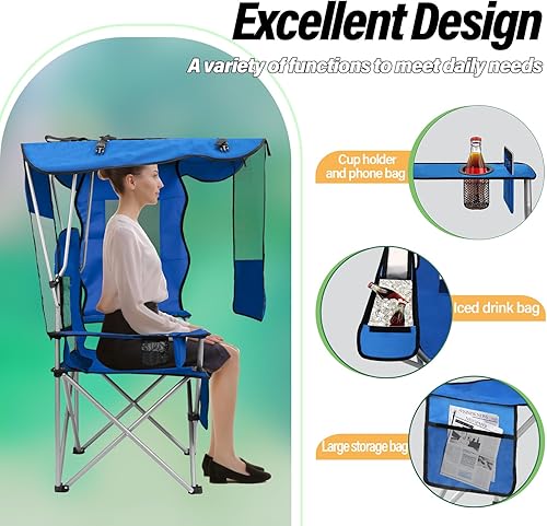 Miniatura 5 de BDL Silla de camping con toldo plegable portátil con enfriador, respaldo de malla, portavasos y bolsillo para campamento, pesca, playa y deportes,