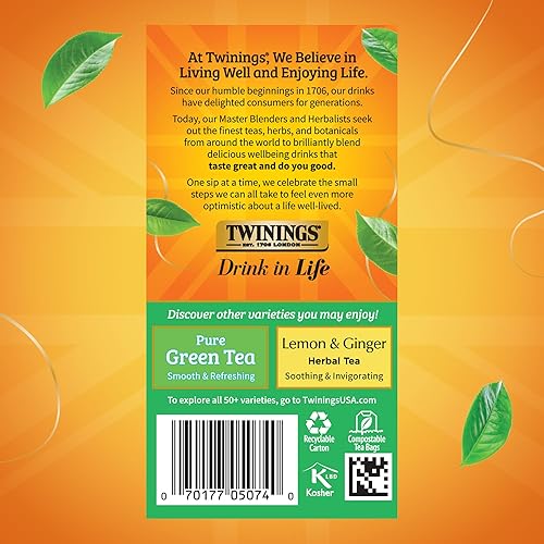 Vista 395 de Twinings, Pure Green Tea - Té verde con sabor suave y aroma atractivo con cafeína, disfruta caliente o helado, bolsas de té individuales