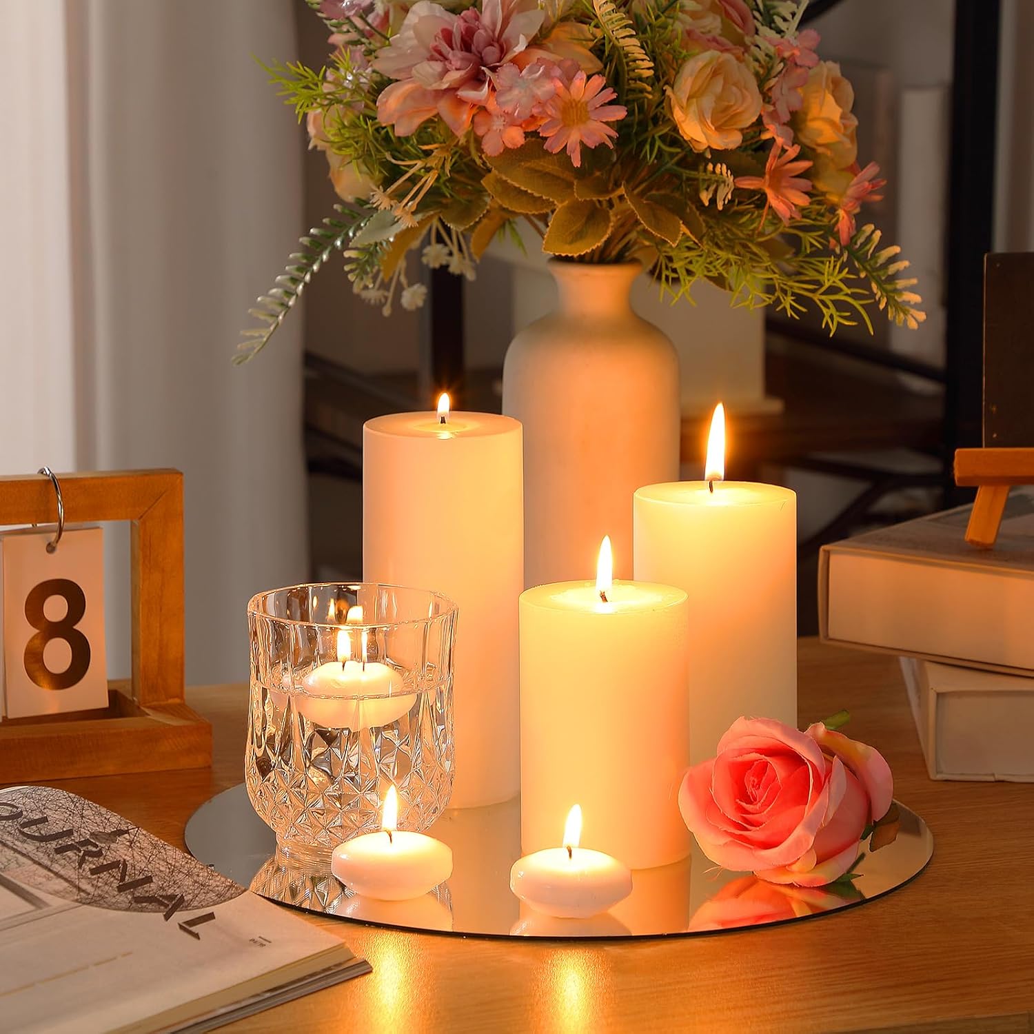 MTLEE 36 Pcs Thanksgiving Day Floating Candle 1.75'' 18 Pcs White Pillar Candles 4'' 5'' 6'' Diameter Dripless Wax Burning Unscented Decorative for Banquet Wedding Dining Party Home Decor