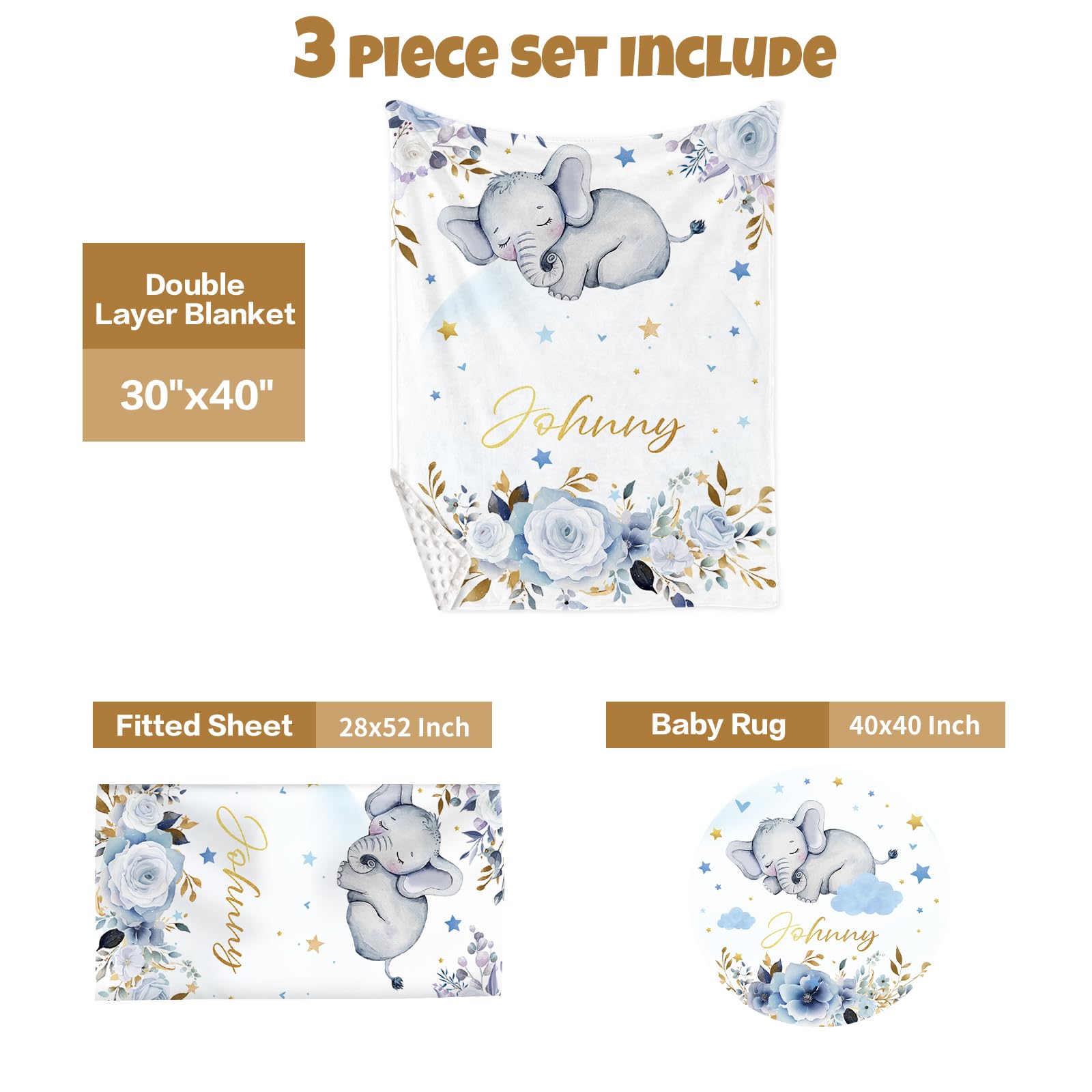 Terwex Custom Baby Crib Bedding Set, 3 Pcs Personalized Nursery Bedding Set with Name, Soft Baby Bedding Crib Sets with Blanket - Toddler Crib Sets for Girls Boys, Infant Newborn Gifts, Blue Elephant