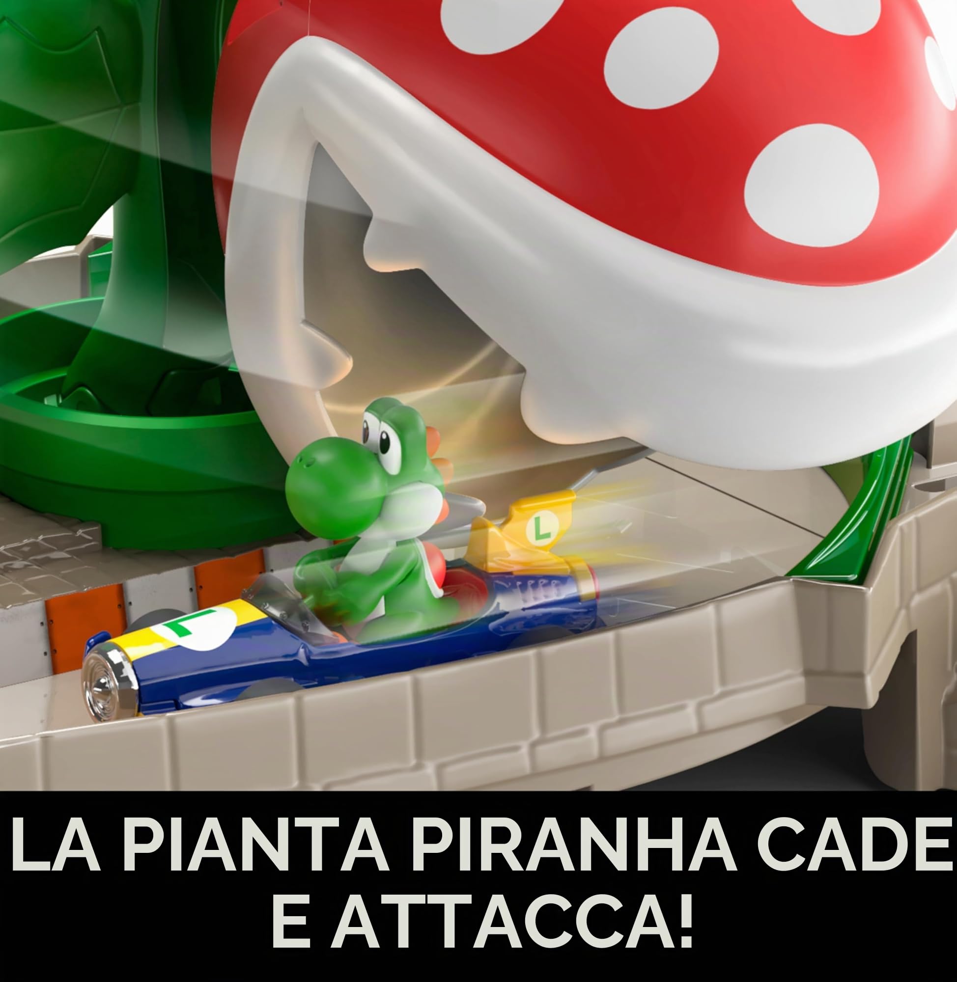 Hot Wheels Mario Kart Pista Piranha con Personaggio Yoshi in Macchinina, Giocattolo per Bambini 5+ Anni, Multicolore, GFY47