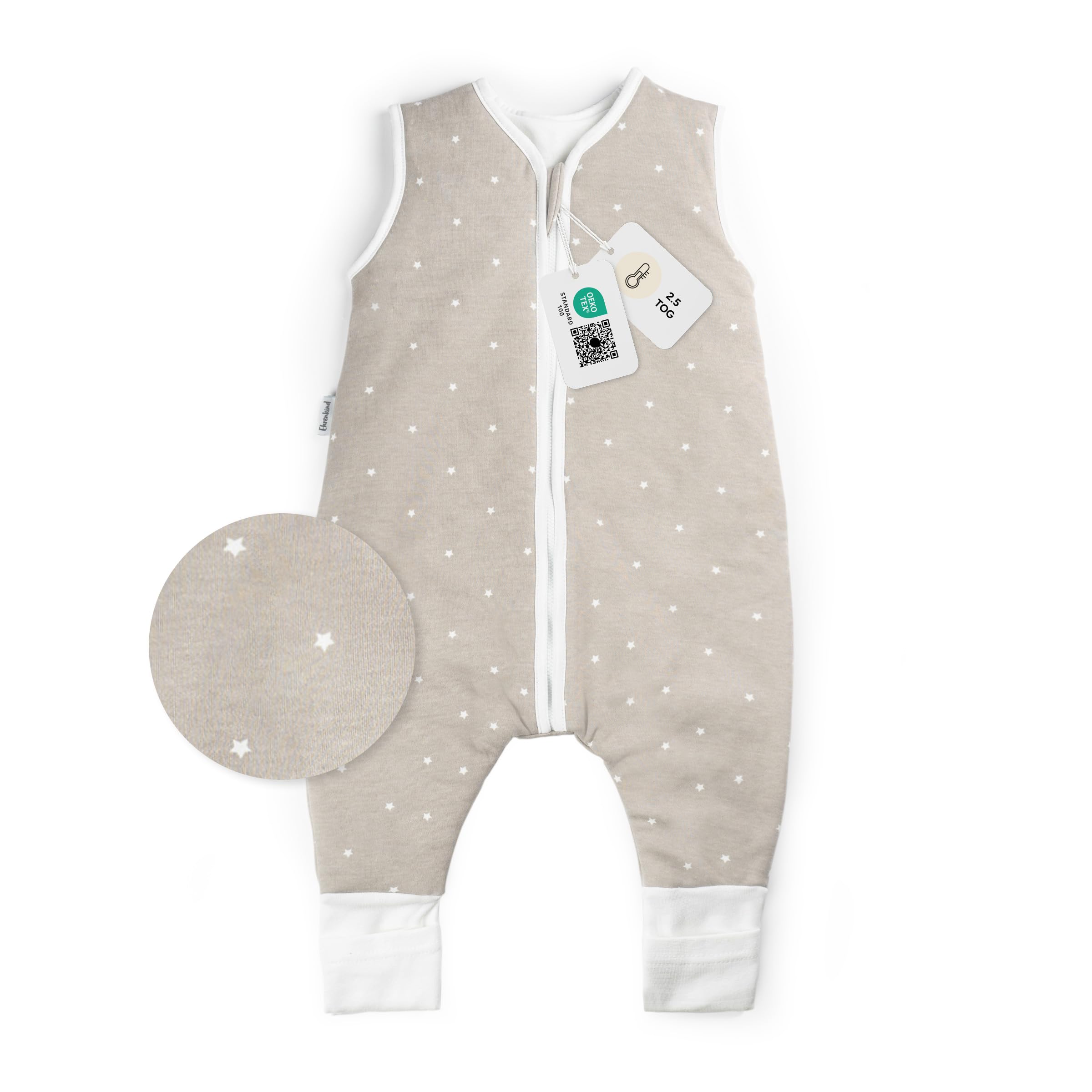 Ehrenkind® Babyschlafsack | Bio-Baumwolle | Babyschlafsack für das ganze Jahr | Größe 70 Farbe Taupe mit weißen Sternen