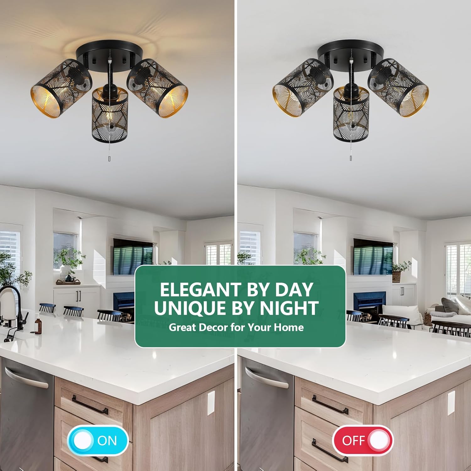 SEEBLEN 3 Light Modern Kitchen Ceiling Light with Pull Chain,Black Round Directional Ceiling Spotlight,Farmhouse Flush Mount Pull String Ceiling Light for Kitchen, Laundry, Bedroom, E26 Base.