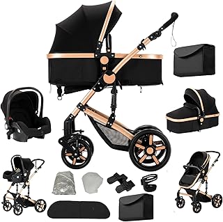 Passeggino 3 in 1 Trio Neonati, Per Neonato 3 in 1 Passeggini, Carrozzino multifunzione, Passeggino Pieghevole (588 Black Gold)