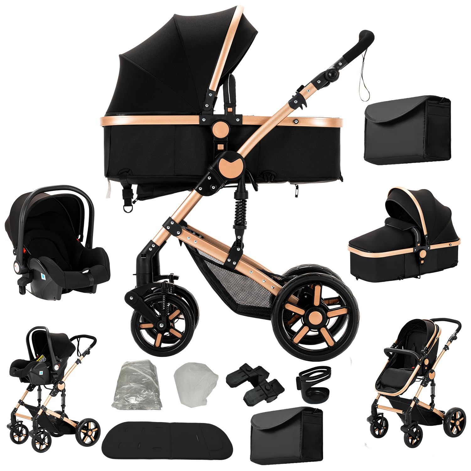 Poussette 3 en 1 Haute Vue Pliante Aluminium Système Voyage Bébé Noir Doré