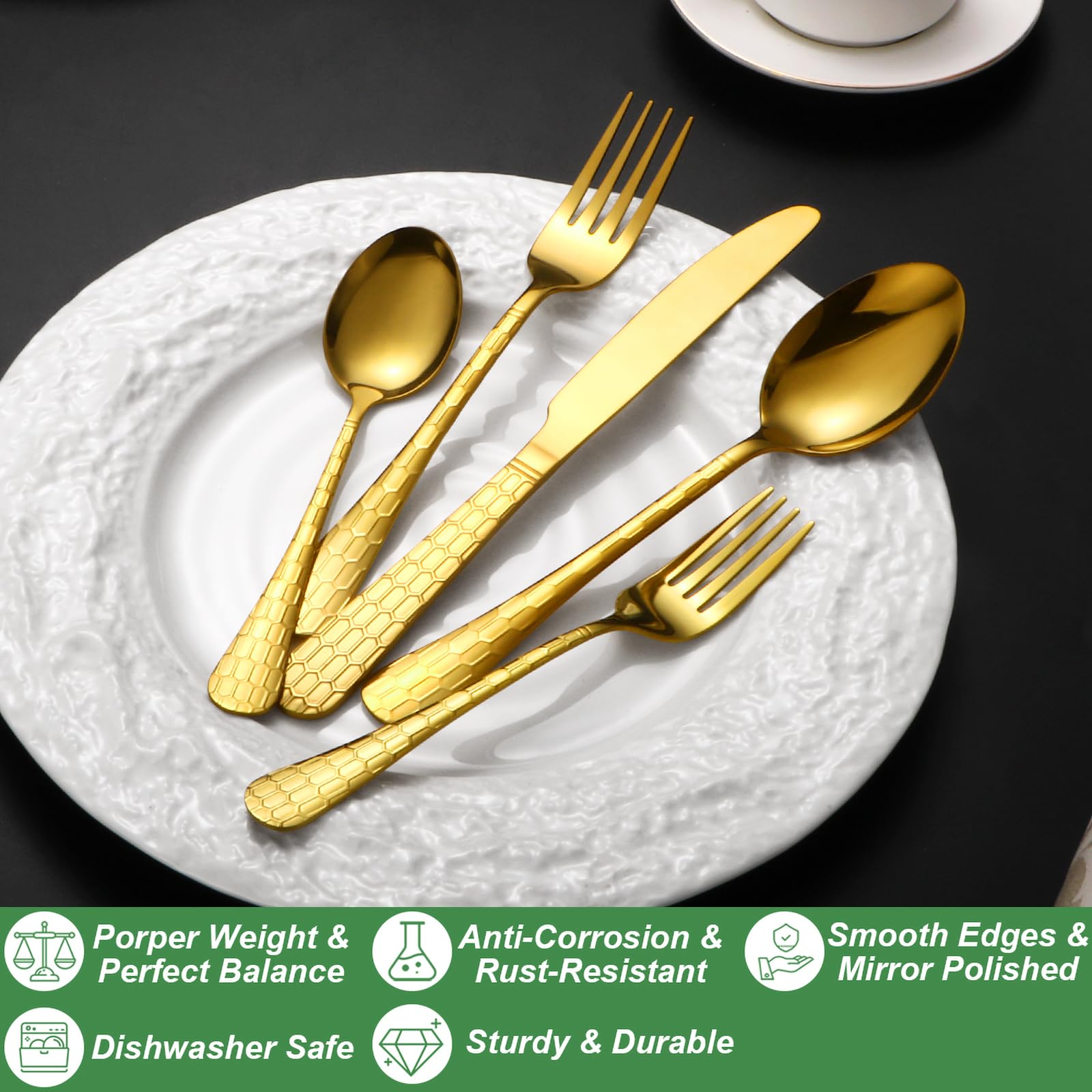 20 Pcs Gold Silverware Set for 4, Food Grade Stainless Steel Flatware Set, Eating Utensils Sets Include Fork/Knife/Spoon, Reusable Cutlery Set for Home Kitchen, Dishwasher Safe, Round Hammered — Amazon image 3