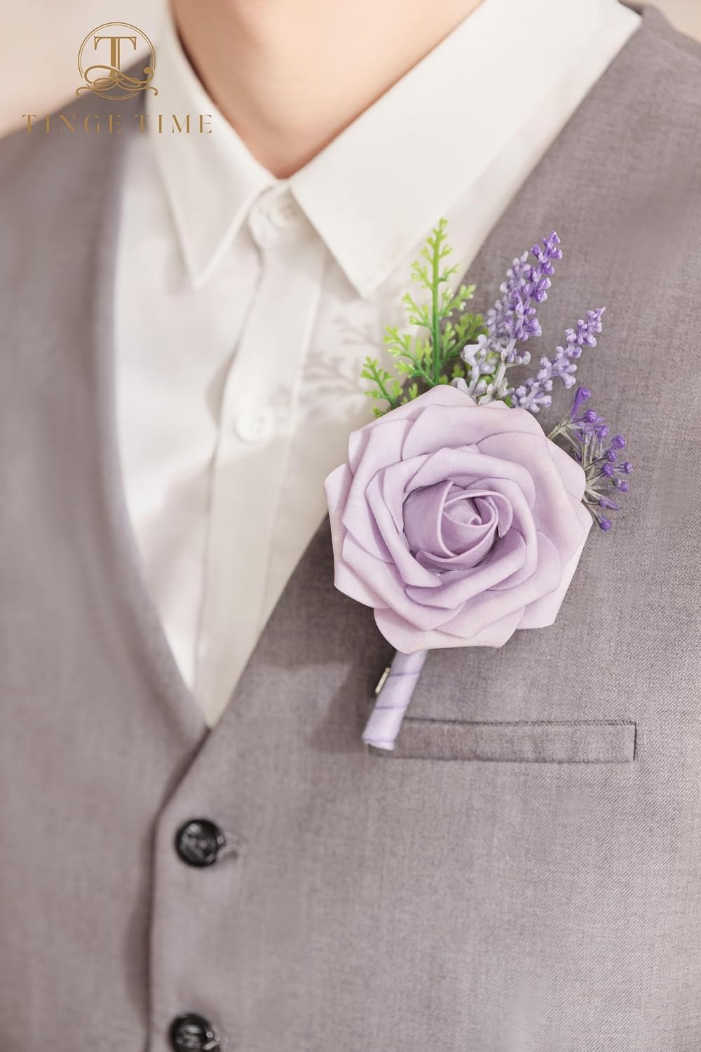TINGE TIME Boutonniere for Men Wedding - 10pcs Purple Groom & Groomsmen Boutonnieres Set for Wedding Ceremony, Anniversary, Prom, Formal Dinner, Rustic Spring Wedding(Lavender & Plum)