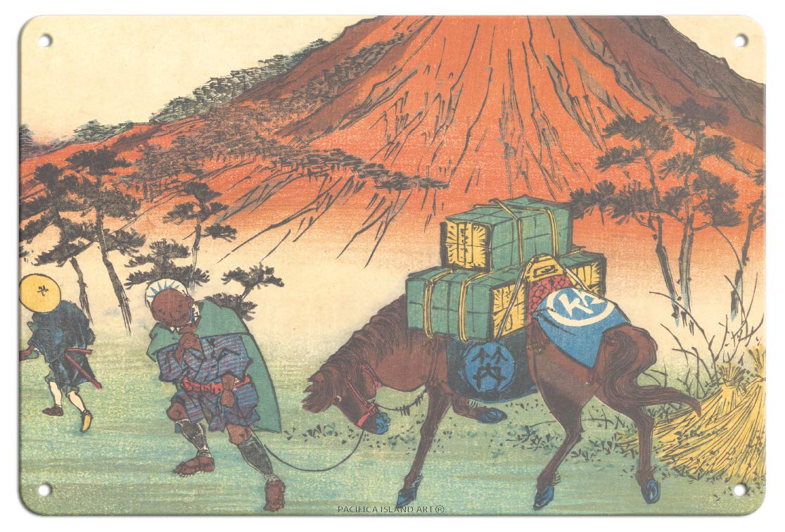 Pacifica Island Art Oiwake Station - from Sixty-Nine Stations of Kiso Road - Vintage Japanese Ukiyo-e Woodblock Print by Hiroshige, Eisen c.1800s - 8in x 12in Vintage Metal Tin Sign
