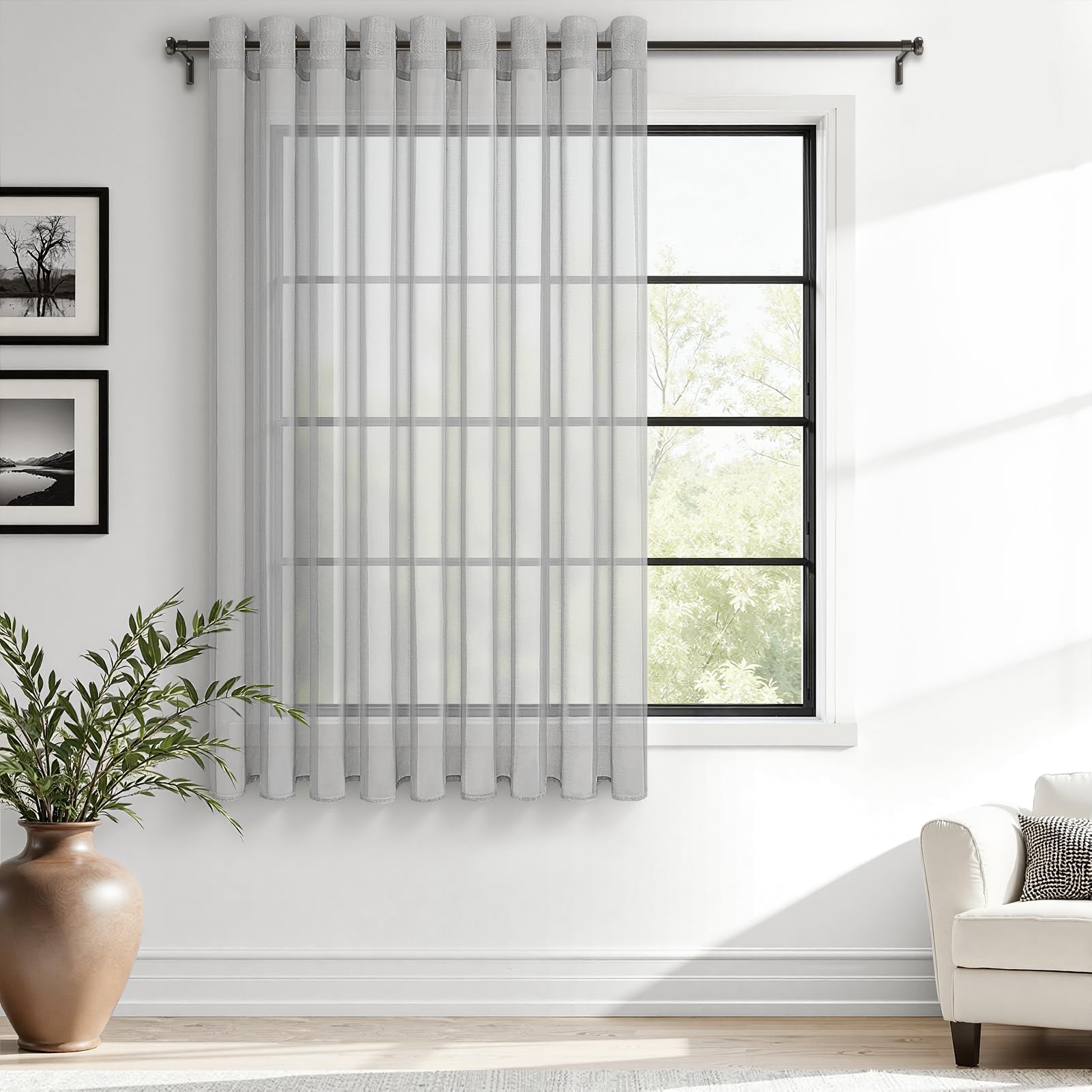 MRTREES Short Curtain, Light Grey, 300 x 145 cm, 1 Piece, Transparent Curtains for Interior with Eyelets, Modern for Living Room, Home, Decorative and Stylish for Bedroom — image 1