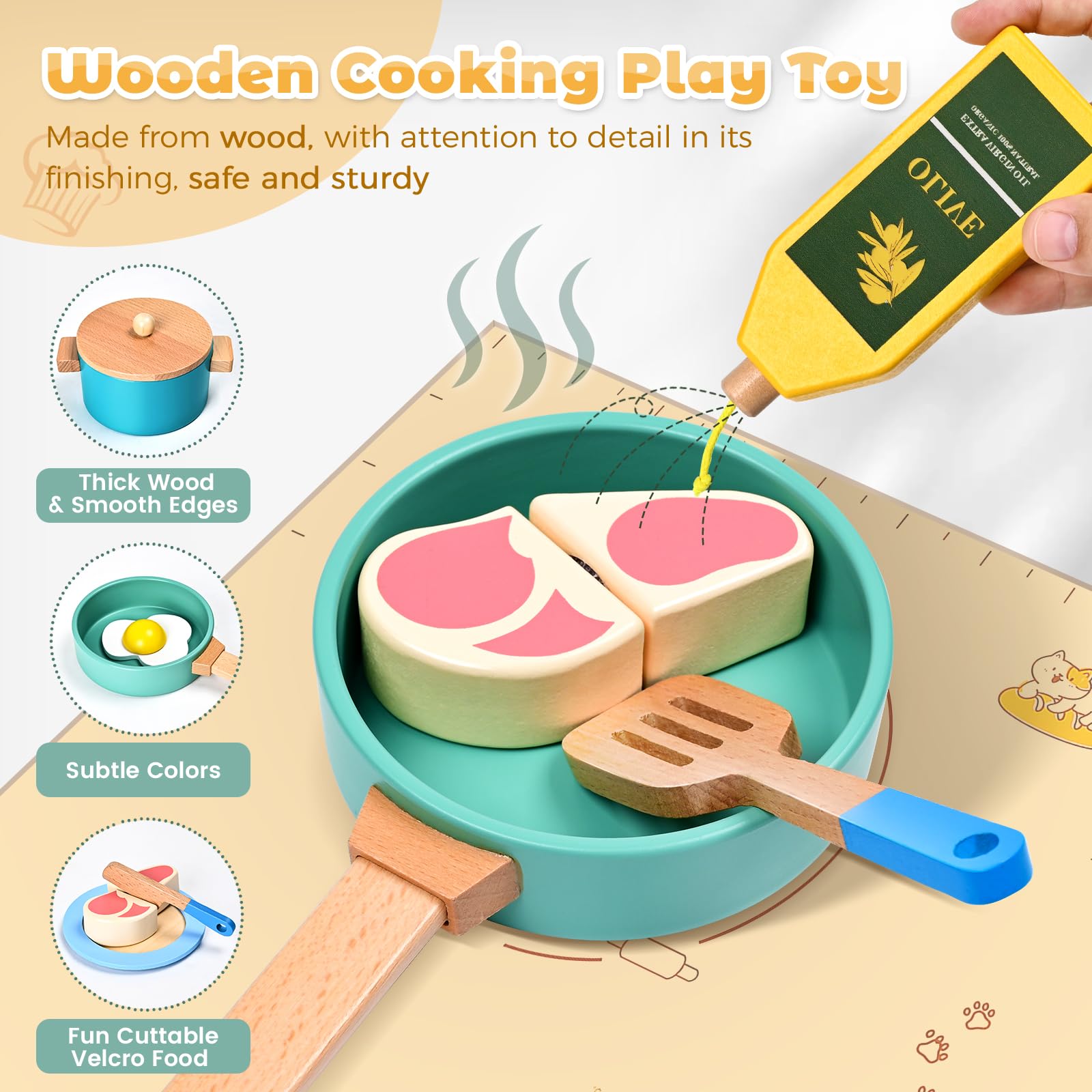 35 piezas de accesorios de cocina de madera, juguetes de cocina de juego de simulación para niños pequeños, juego de cocina de madera, juego de cocina, ollas y sartenes, regalos para niñas y niños de 3
