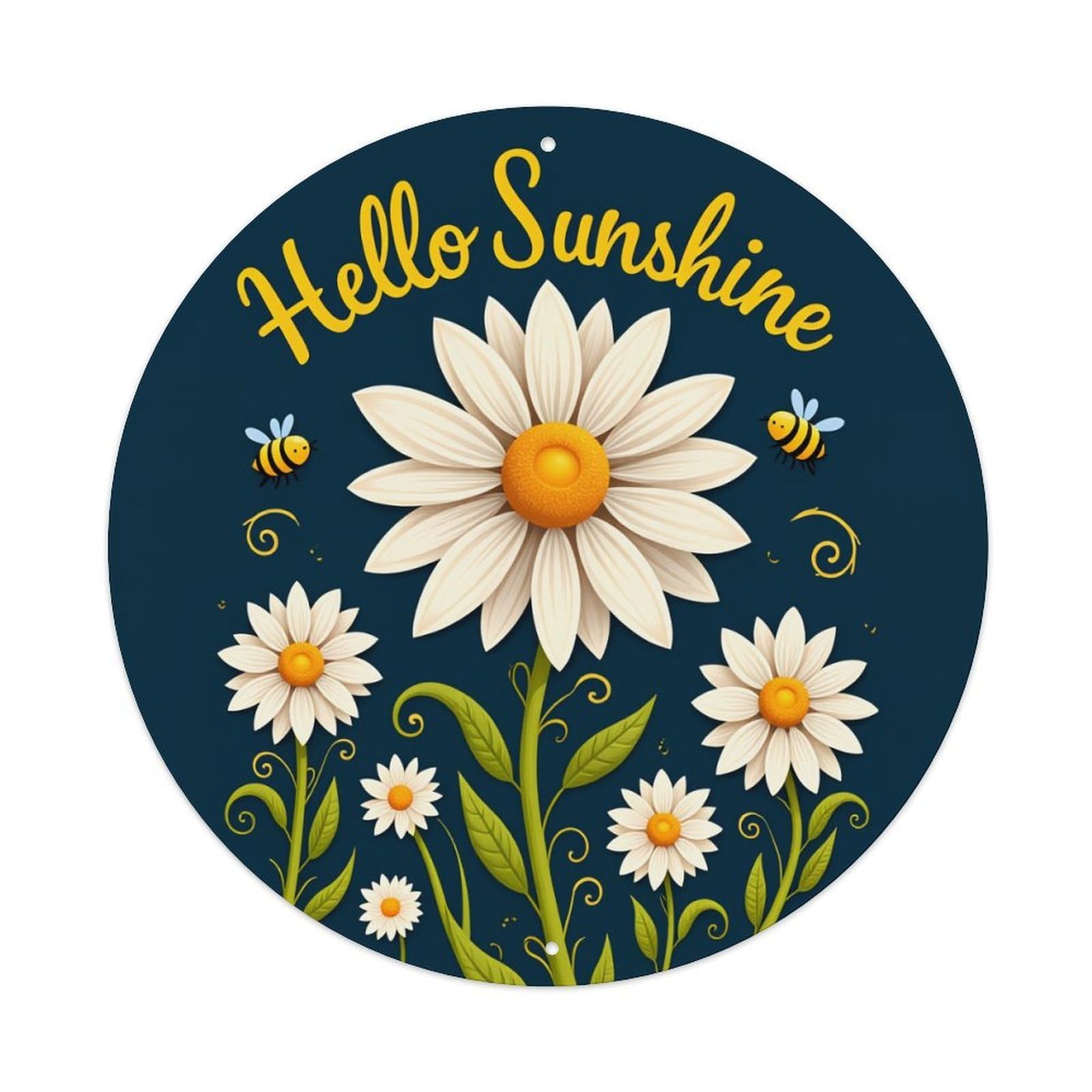 Hello Sunshine Daisy Bee Garden Round Tin Sign Vintage Metal Poster, Home Bar Garage Man Cave Cafe Indoor & Outdoor Wall Decoration 8x8Inches