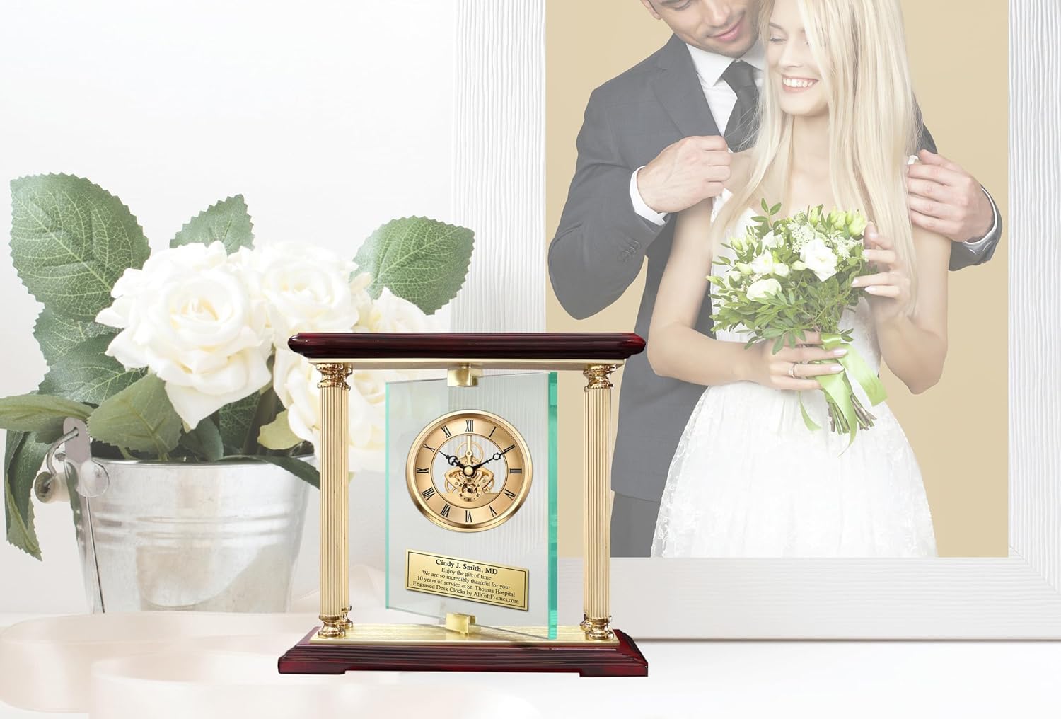 Eleganza Gold Gear DaVinci 360 Degree Spinning Glass Personalized Desk Mantle Clock Table Top Engraved Boss Coworker Retirement Recognition Wedding Anniversary Mantel Service Award Promotion