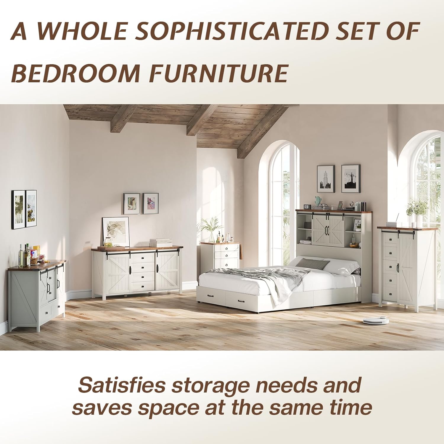 48" Tall Farmhouse 5 Drawers Dressers for Bedroom, Vintage Dresser Closet, Storage Cabinet with Sliding Barn Door, Organizer TV Stand for Living Room, Rustic White