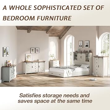 31.5 Farmhouse 4-Drawer Dresser with Barn Doors, Rustic White | 3 Internal Compartments, 2 Adjustable Shelves, Dual Tracks, Corner Brackets, Square Metal Handles, Dual Anti-Tip Hardware