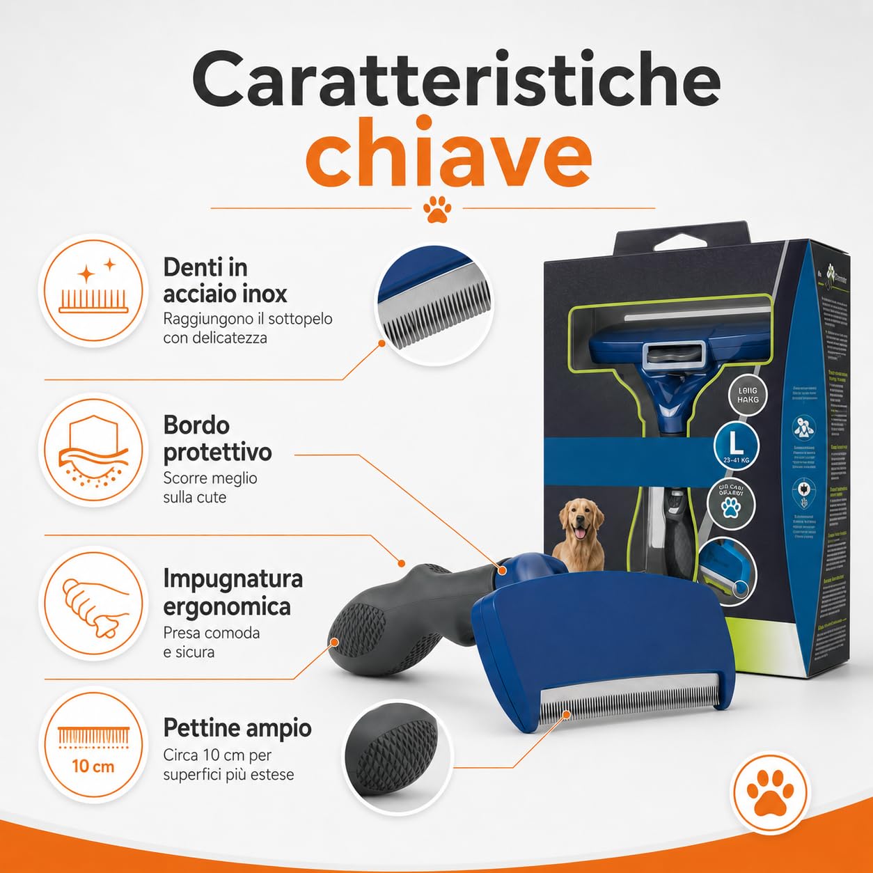 Strumento de-Shedding Cane L a Pelo Lungo, Spazzola Professionale per Cani Grandi da 24 kg, Rimuove Pelo Sottopelo in Eccesso con Pettine da 10 cm