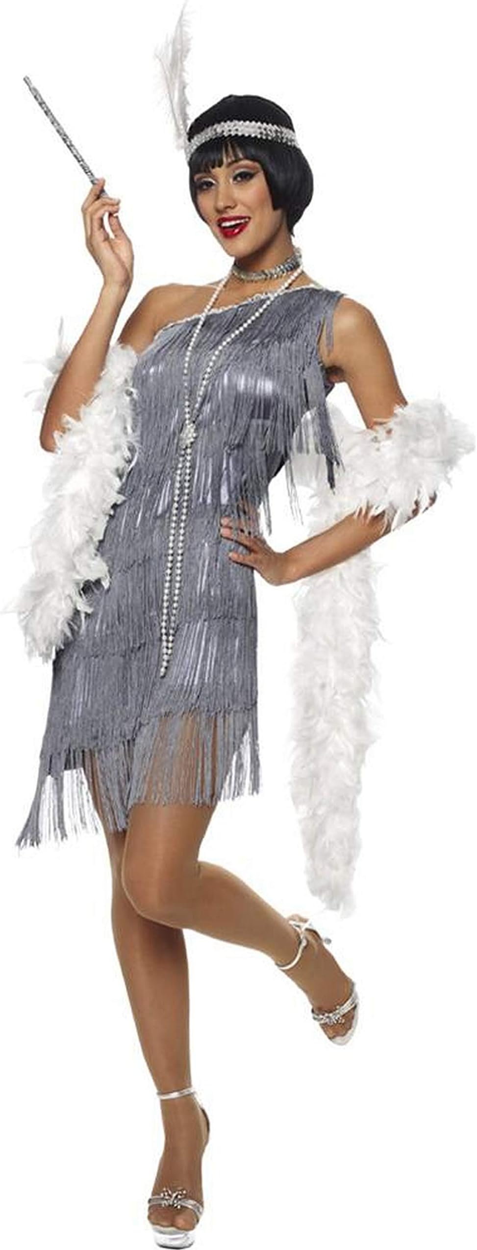Ladies Silver Vintage Roaring 1920s Flapper Charleston Gangster Fringed Dress Costume