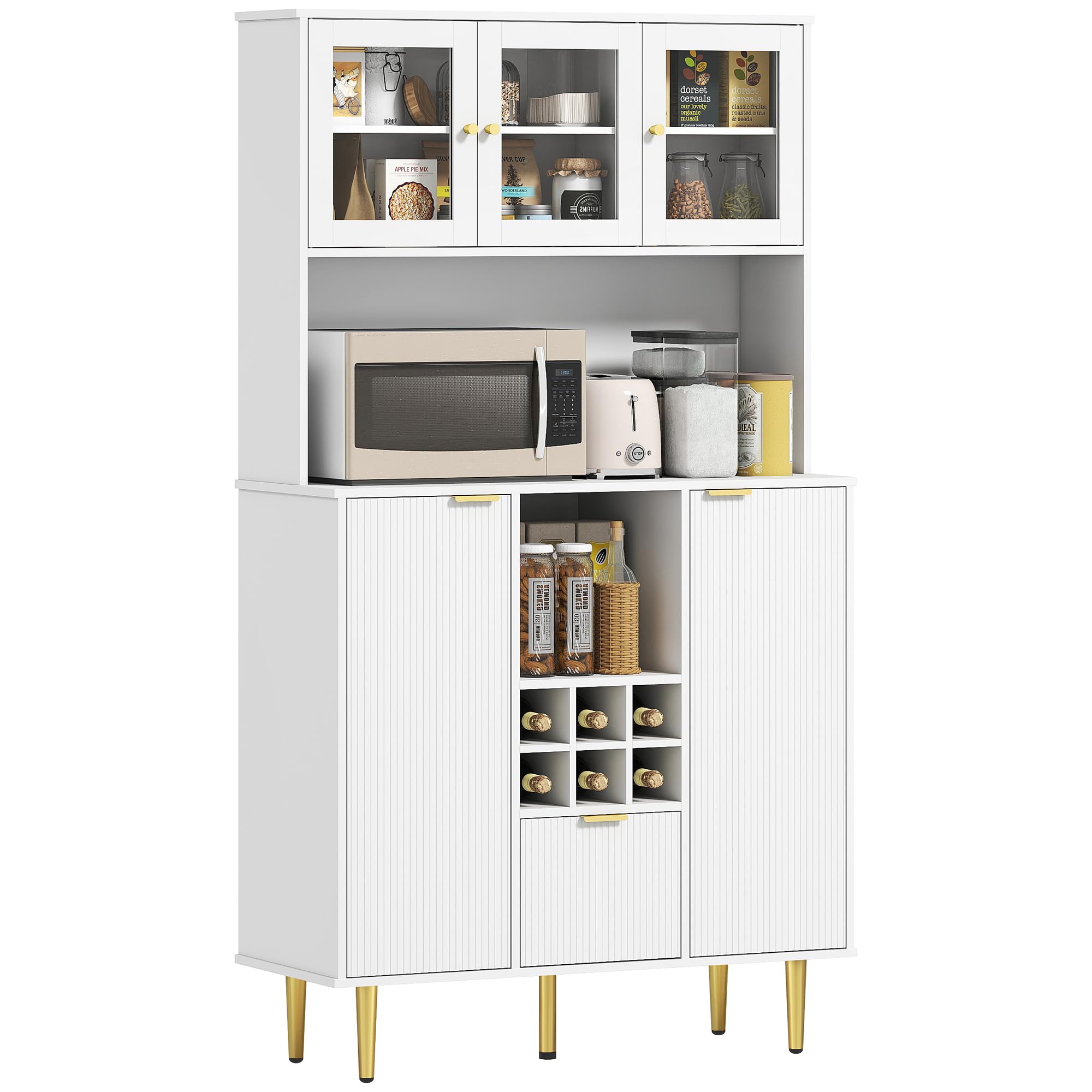 HOMCOM Alacena de Cocina Alto 3 Puertas de Vidrio 100x40x180 cm Blanco | Mueble Auxiliar de Cocina, Aparador, Botellero, Cajón, Estantes Ajustables, Compartimentos Abiertos