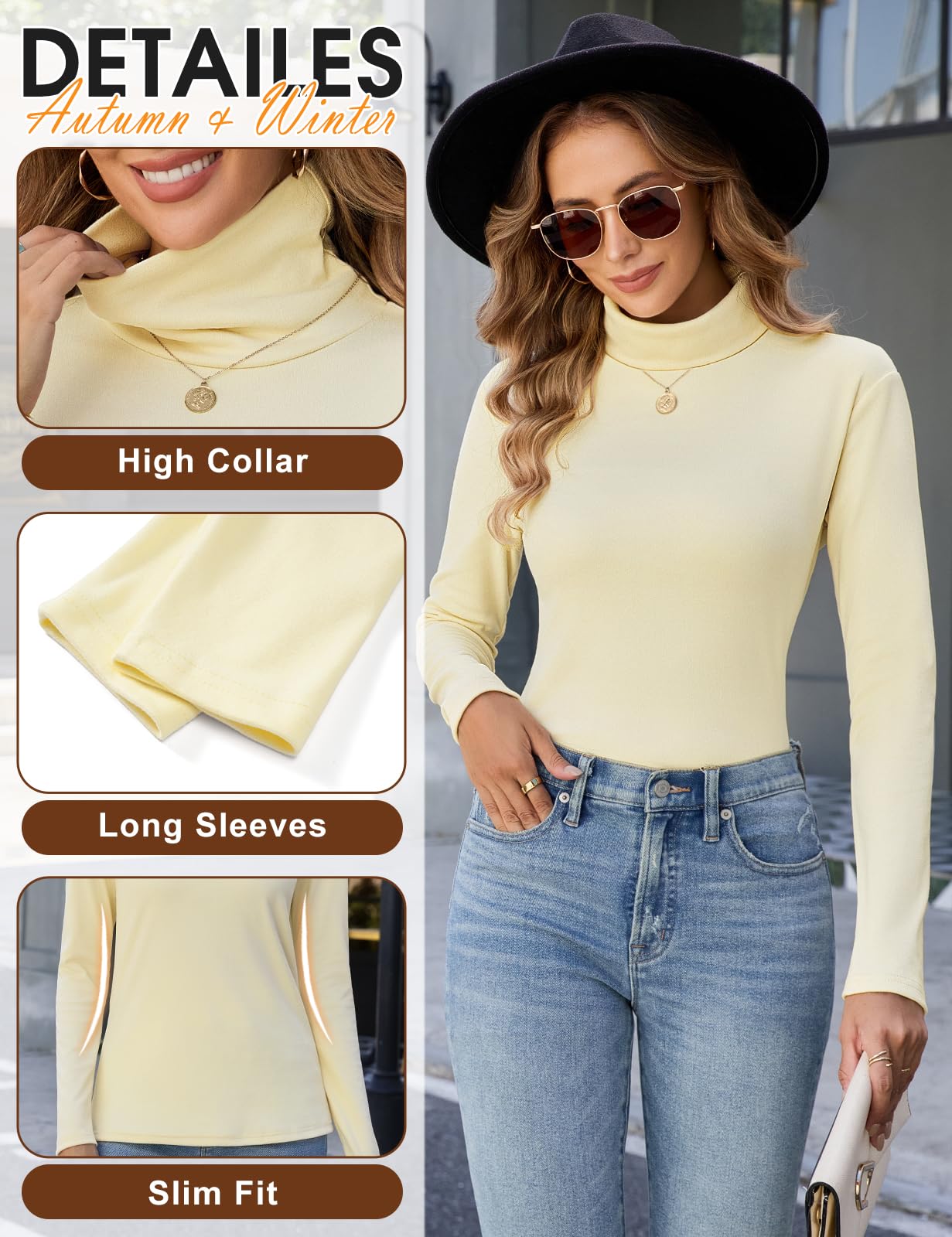 Yuson Girl Hauts Thermiques Femme sous-Vêtement Thermique Col Haut Manches Longues Base Layer Moulant Top Chic Sweatshirt Décontracté Chaud Haut de Basique Confortable