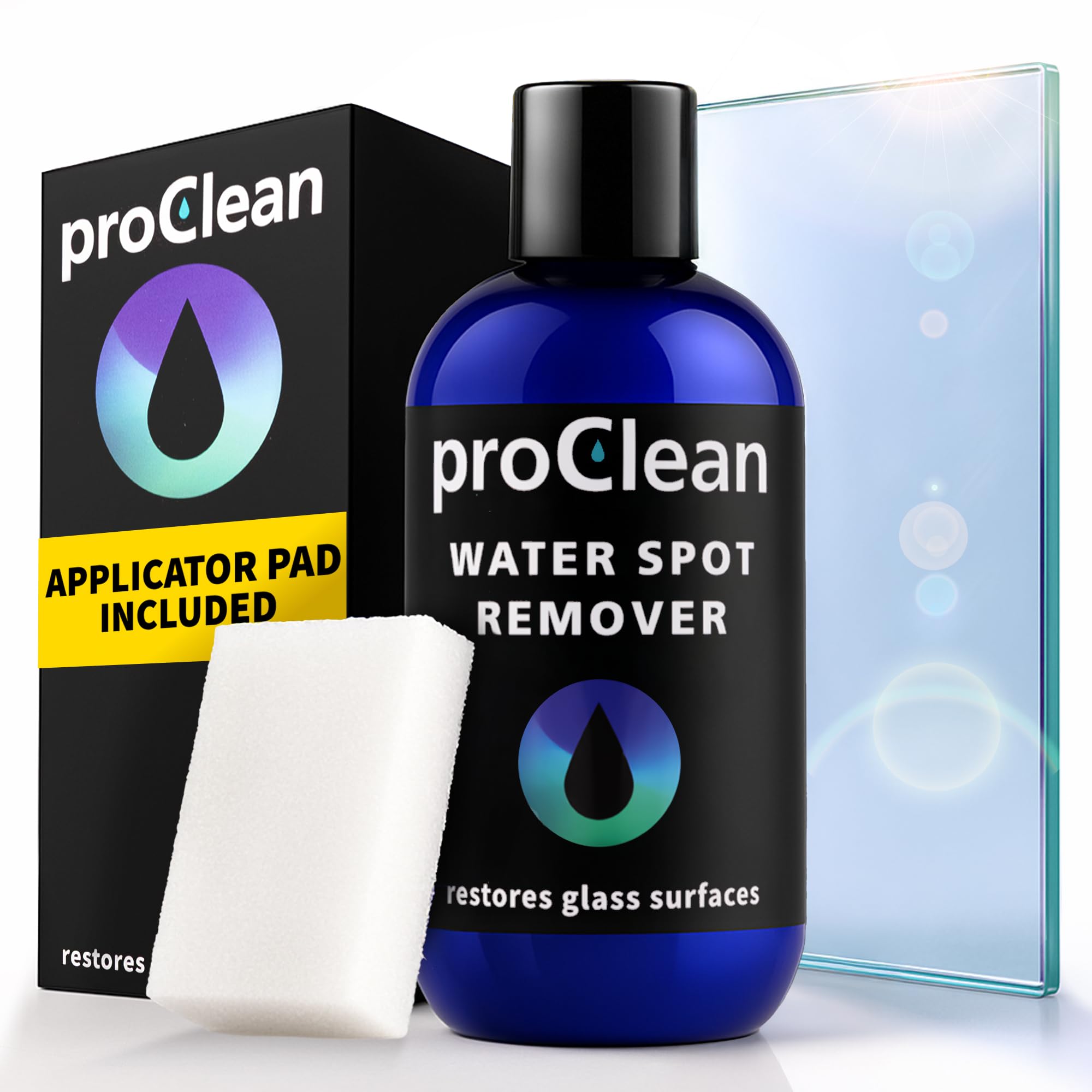 GlasWeld ProClean Hard Water Spot Remover Kit for Water Spots on Glass, Metal & More - Includes Applicator Pad - Water Stain Remover for Glass, Shower Door Cleaner & Car Window