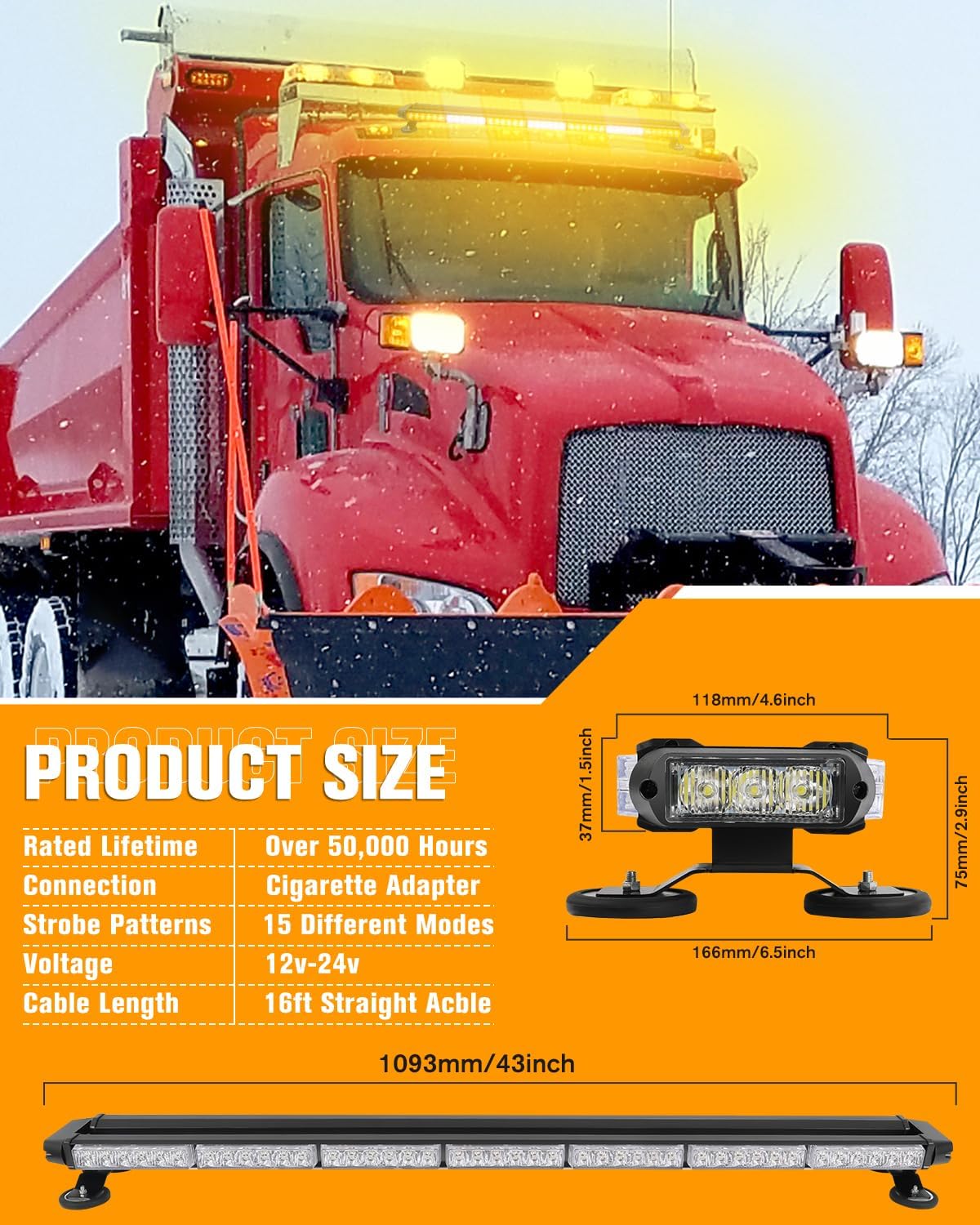 BraveWAY 45 Inch LED Strobe Light Bar White Amber, High-Intensity Emergency Flashing Hazard Warning Beacon Lights with Magnetic Base for Trucks Trailer Roof Safety
