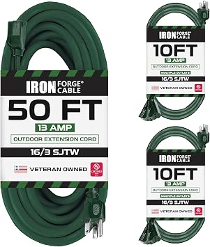 Iron Forge Cable Weatherproof 50 Ft Outdoor Extension Cord & 10 Ft 2 Packs with 3 Outlets- 16/3 SJTW Heavy Duty Green Extension Cord 3 Prong - 13 Amp All-Weather Exterior Power Cable