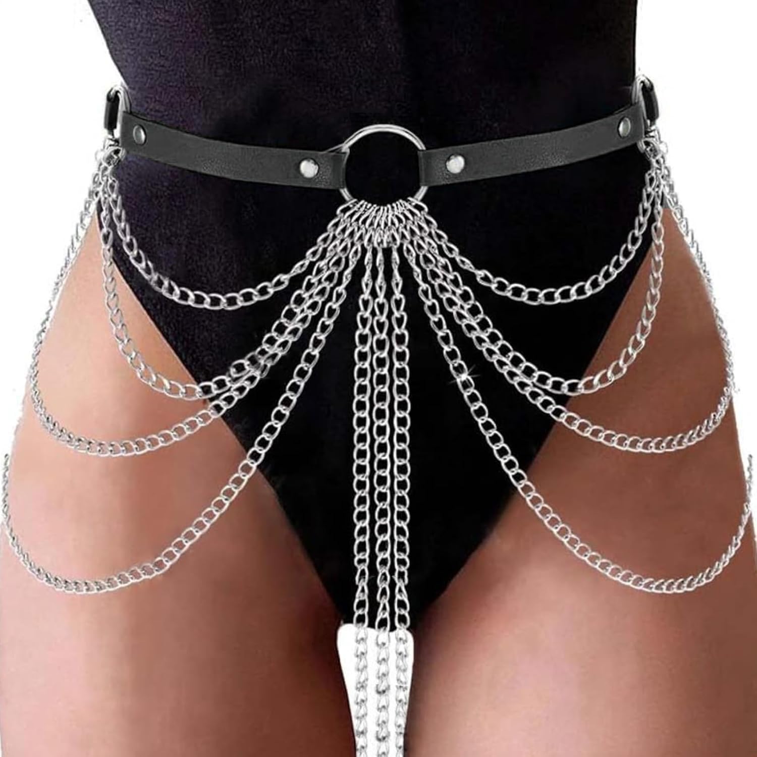 Punk Gothic Leather Waist Chain Belt for Women Layered Body Jewelry Rave, style leather waist chain,Accessories Festival Goth Fashion，goth accessories，black belt，silver women's rave body chain, clothing accessory